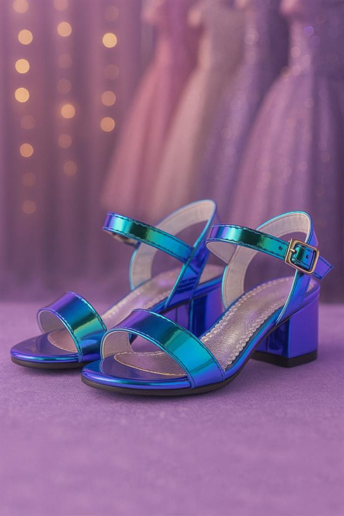 Pony Hologram Mor-Yeşil Kalın Topuklu Kız Çocuk Abiye Ayakkabı - Görsel 3