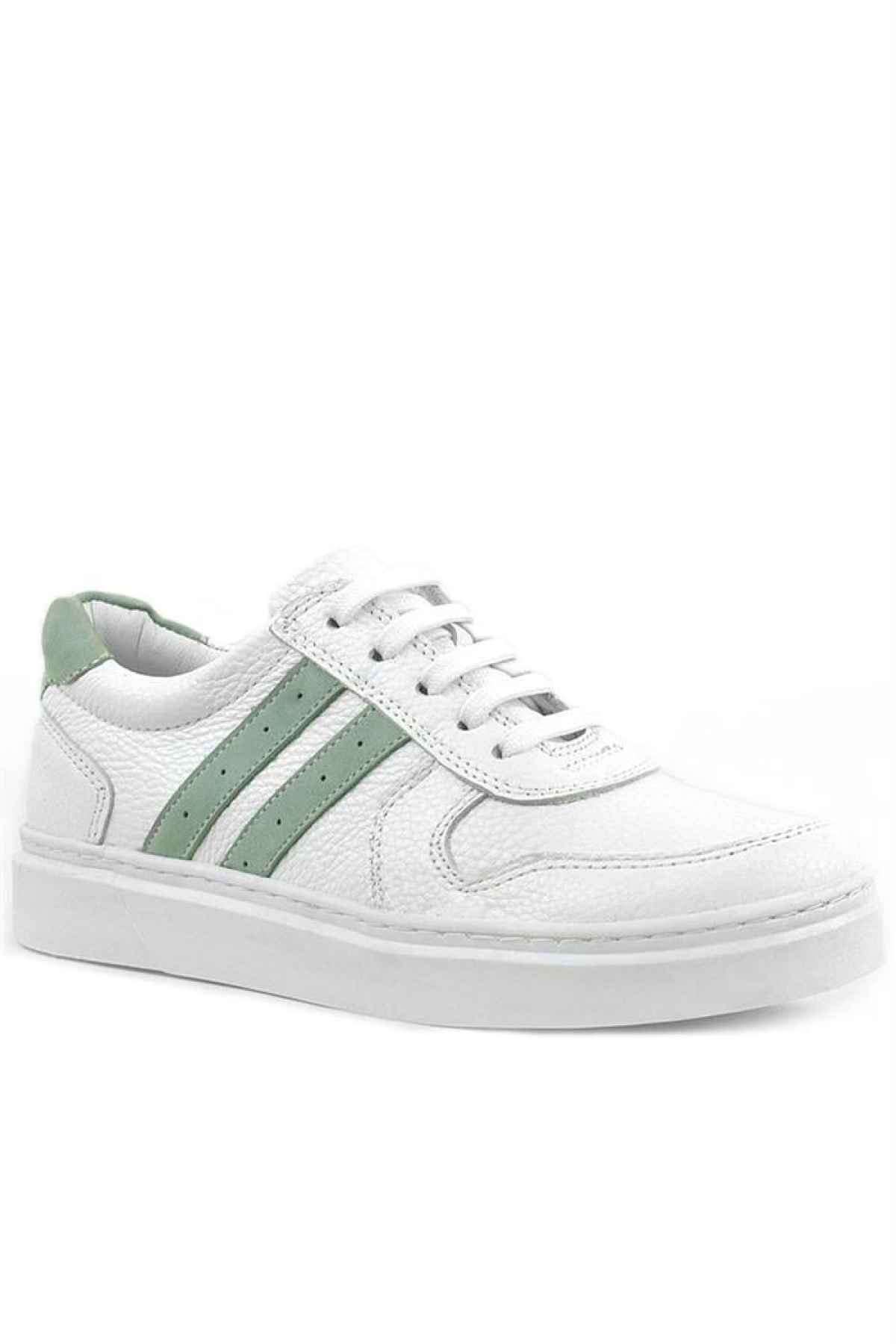 Hakiki Deri Beyaz Yeşil Bağcıklı Fermuarlı Çocuk Sneaker - Görsel 2