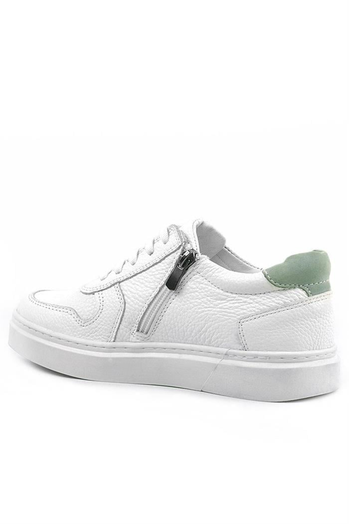 Hakiki Deri Beyaz Yeşil Bağcıklı Fermuarlı Çocuk Sneaker - Görsel 4