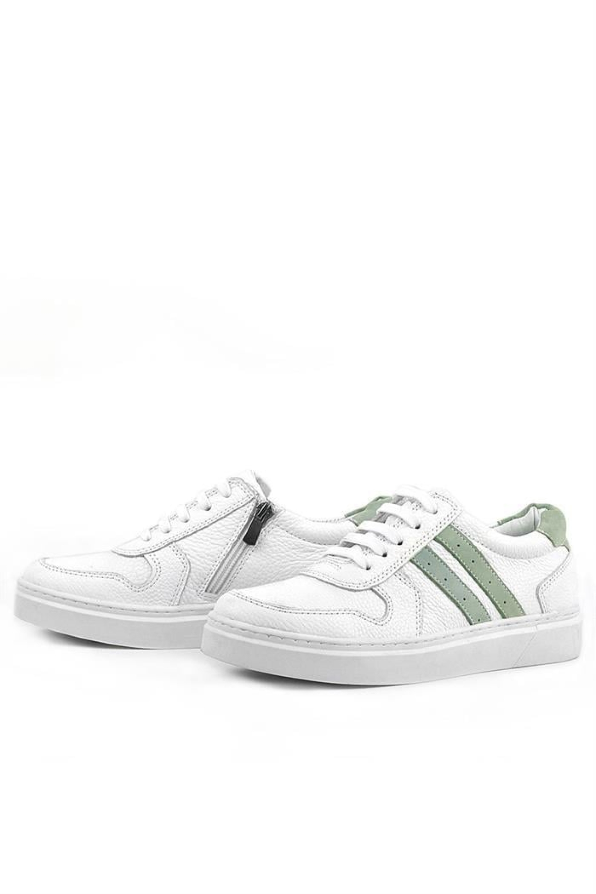 Hakiki Deri Beyaz Yeşil Bağcıklı Fermuarlı Çocuk Sneaker - Görsel 6