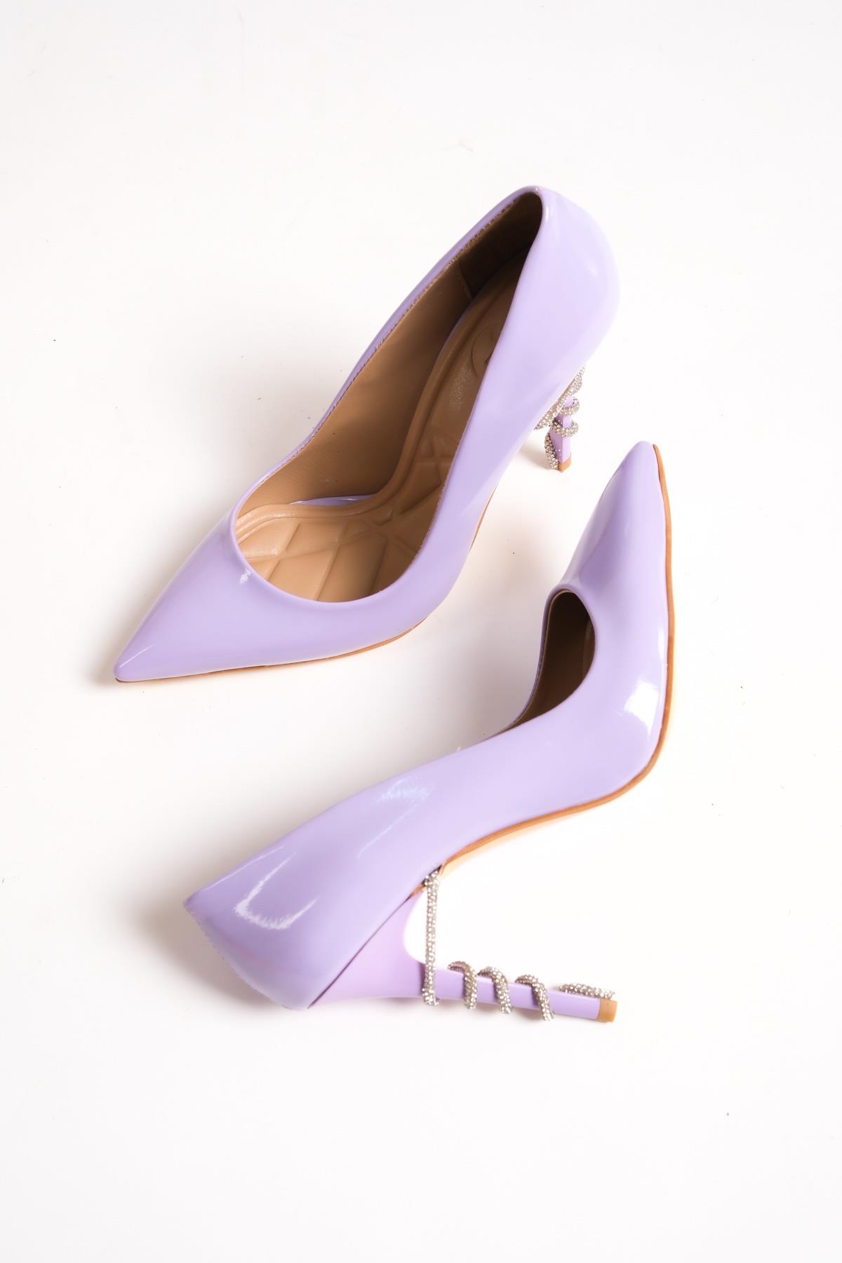 Giga Lila Rugan Taşlı Yüksek Topuklu Stiletto Abiye Ayakkabı - Görsel 3