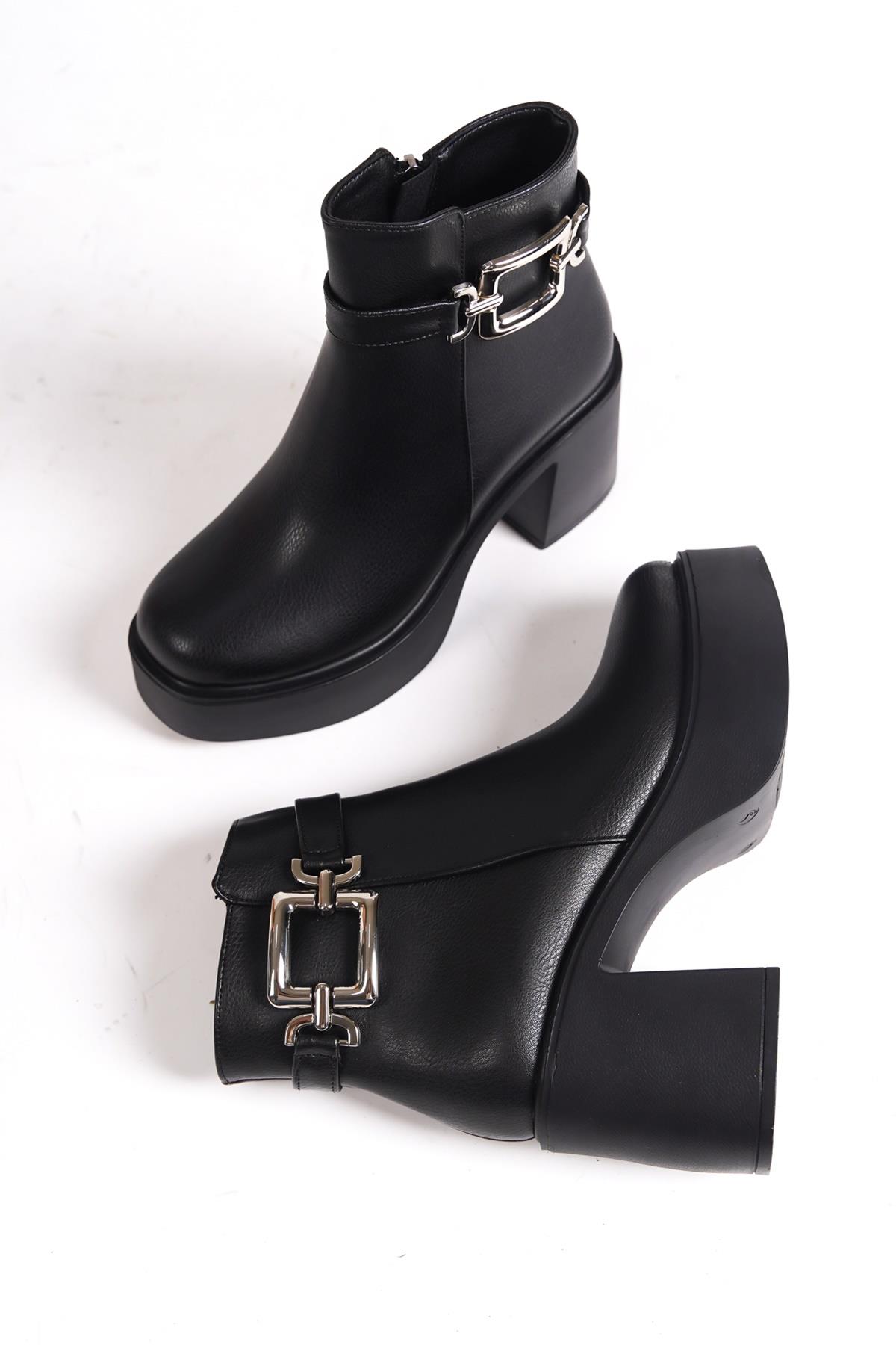 Tancez Siyah Kalın Platform Topuklu Tokalı Bot - Görsel 3