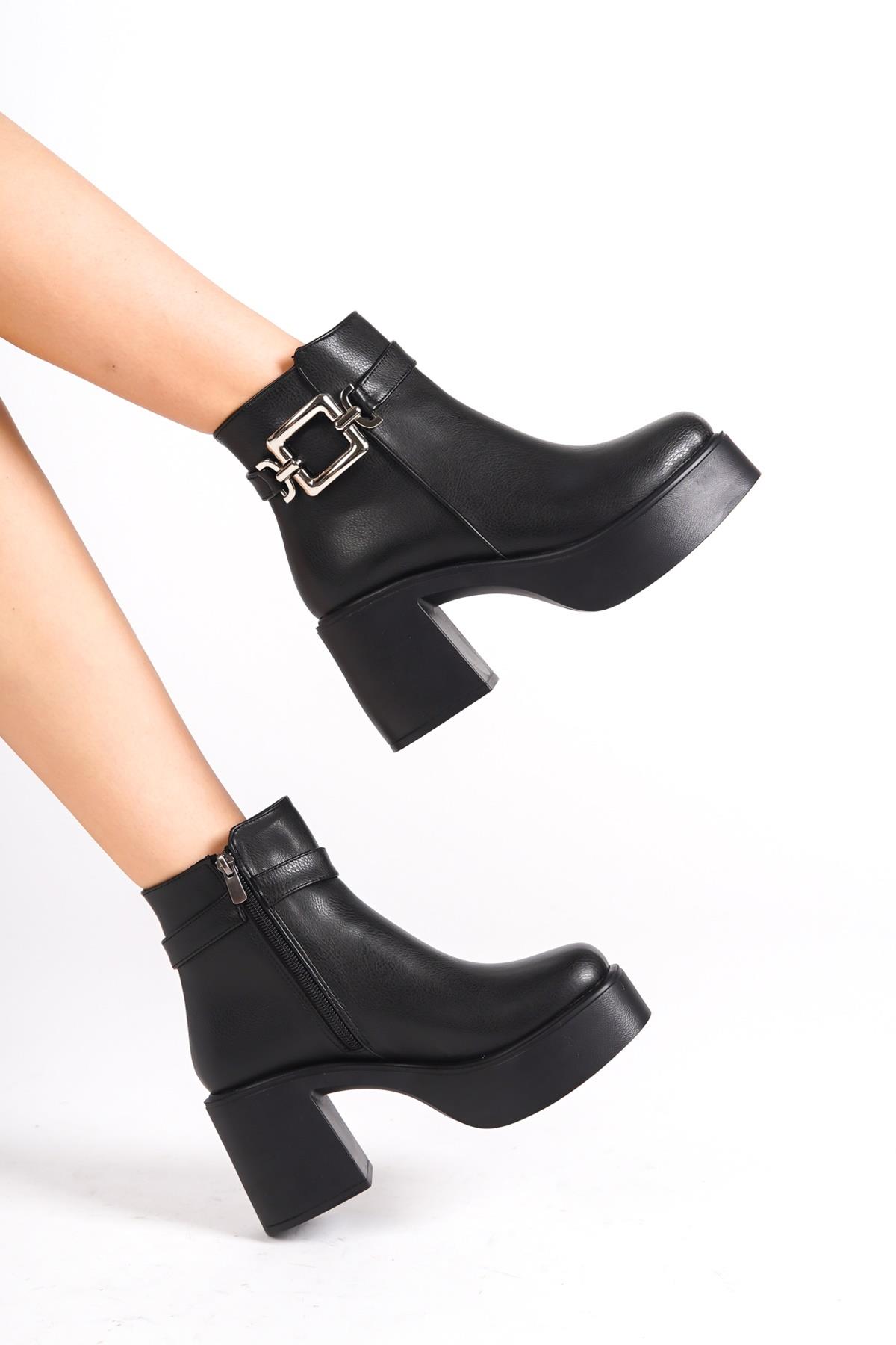 Tancez Siyah Kalın Platform Topuklu Tokalı Bot - Görsel 4