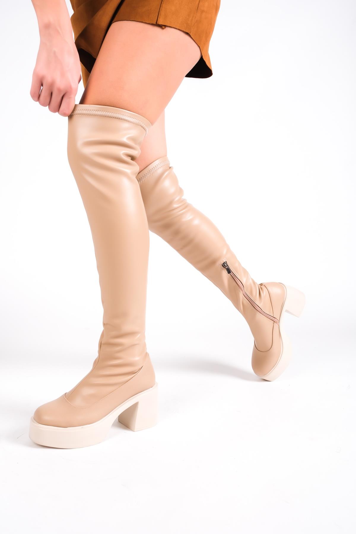 Urla Ten Mat Kalın Platform Topuklu Streç Esnek Dizüstü Çizme - Görsel 4