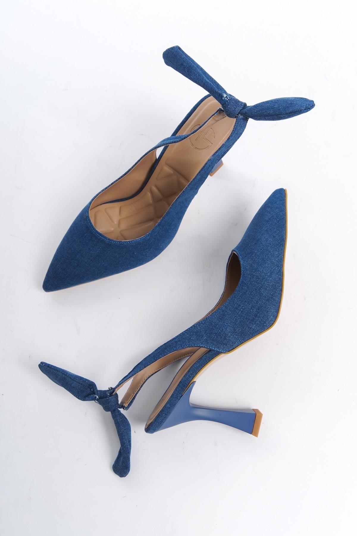 Pony Mavi Kot Arkası Açık Stiletto Fiyonklu Ayakkabı - Görsel 3