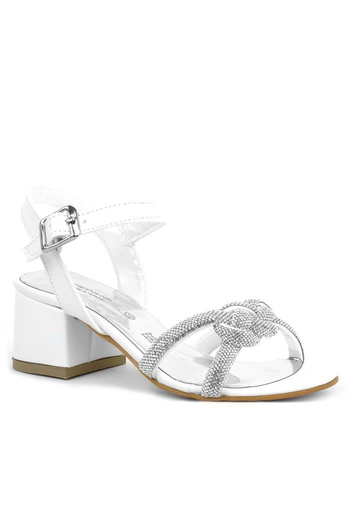Beyaz Örgü Taşlı Kız Çocuk Abiye Kalın Topuklu Ayakkabı - Görsel 2