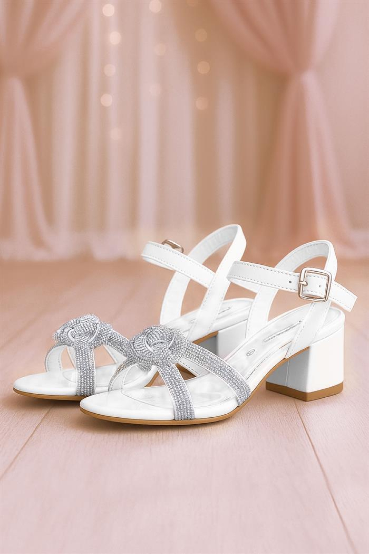Beyaz Örgü Taşlı Kız Çocuk Abiye Kalın Topuklu Ayakkabı - Görsel 3