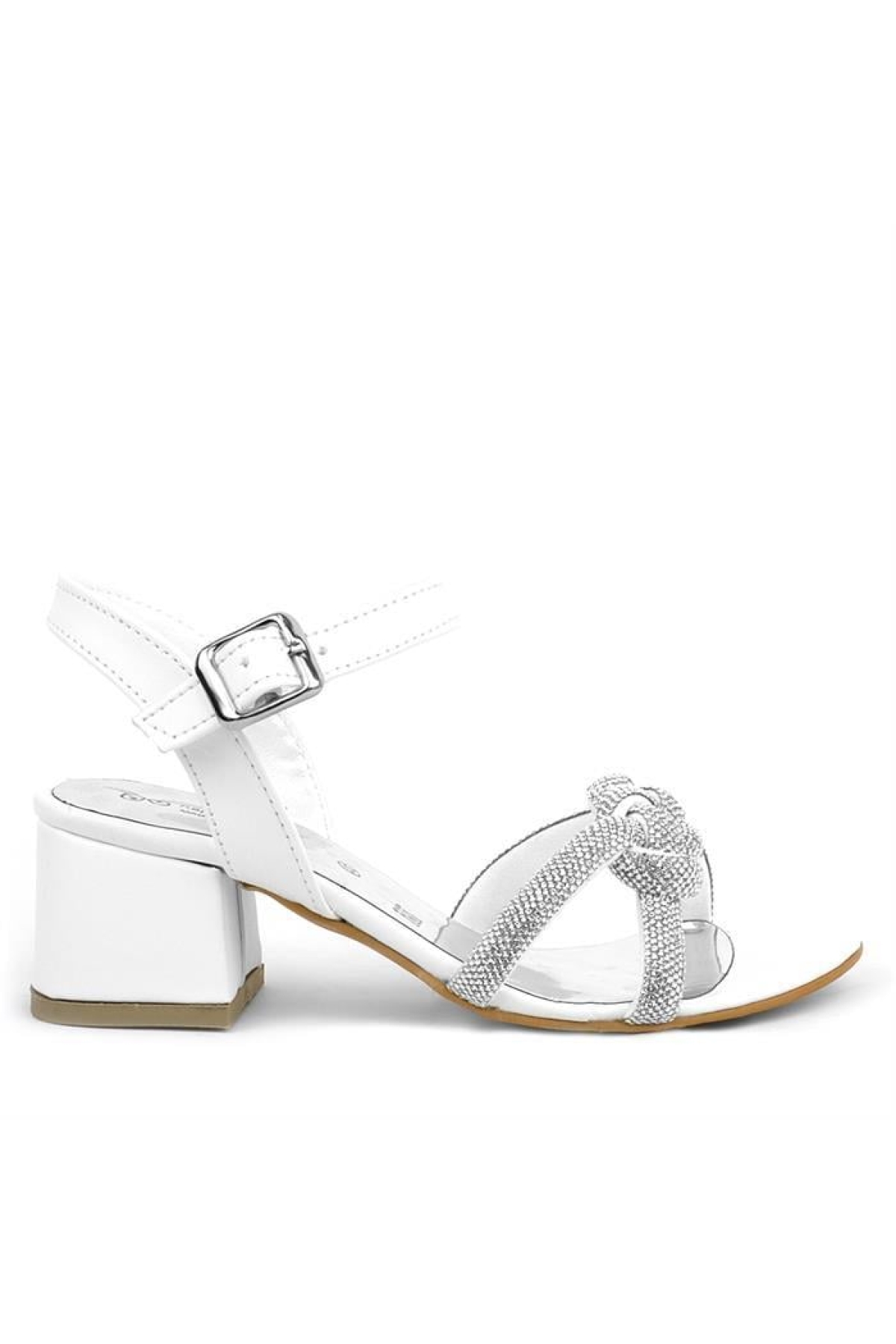 Beyaz Örgü Taşlı Kız Çocuk Abiye Kalın Topuklu Ayakkabı - Görsel 4