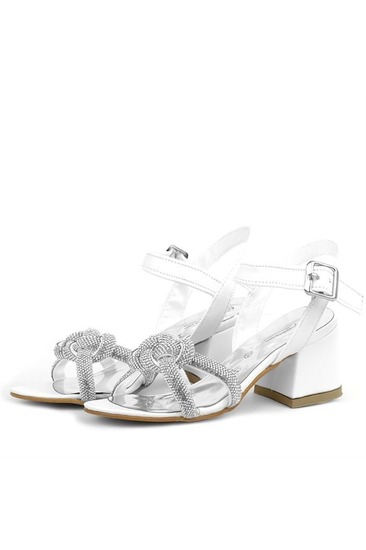 Beyaz Örgü Taşlı Kız Çocuk Abiye Kalın Topuklu Ayakkabı - Görsel 7