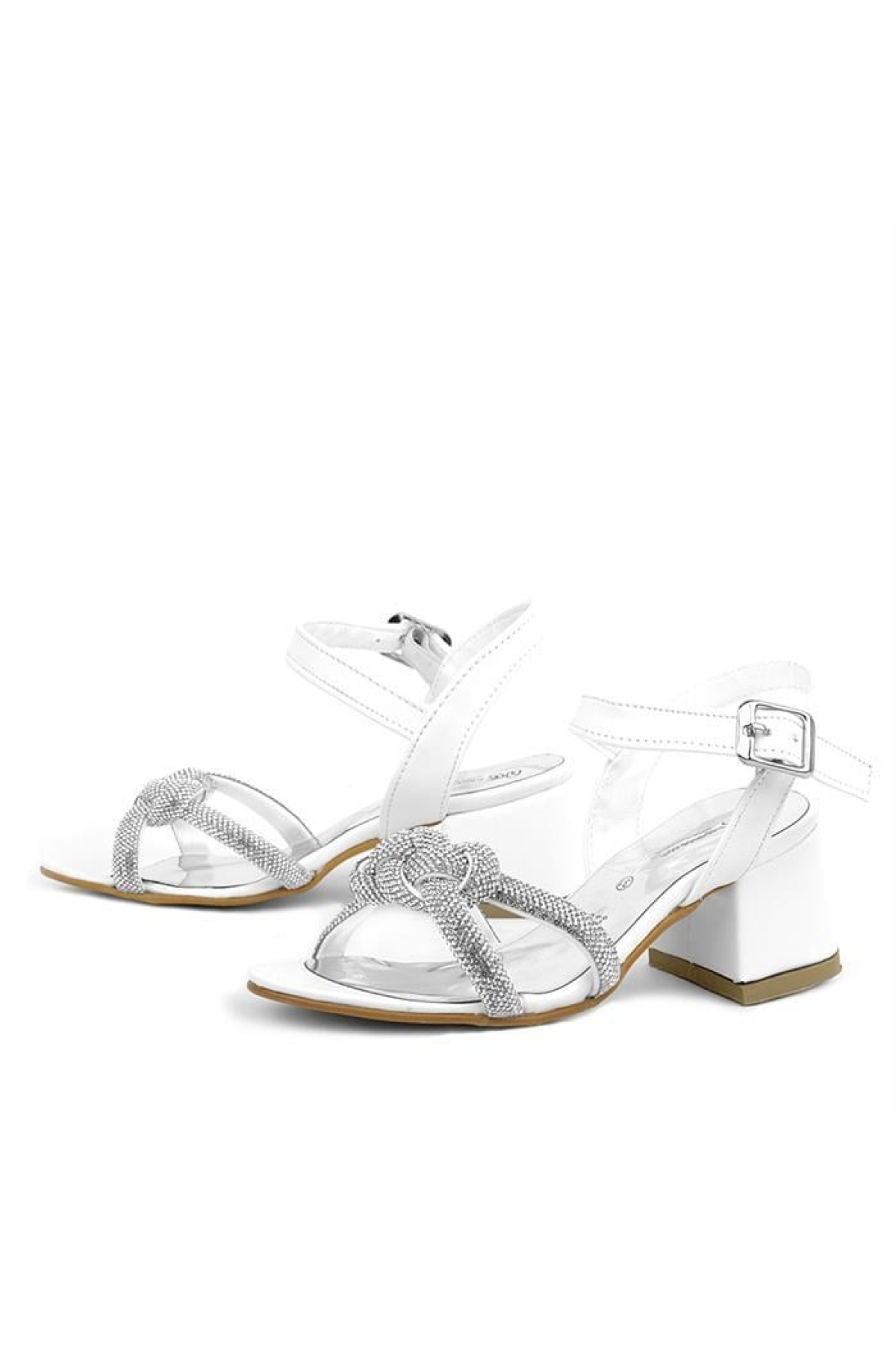 Beyaz Örgü Taşlı Kız Çocuk Abiye Kalın Topuklu Ayakkabı - Görsel 8