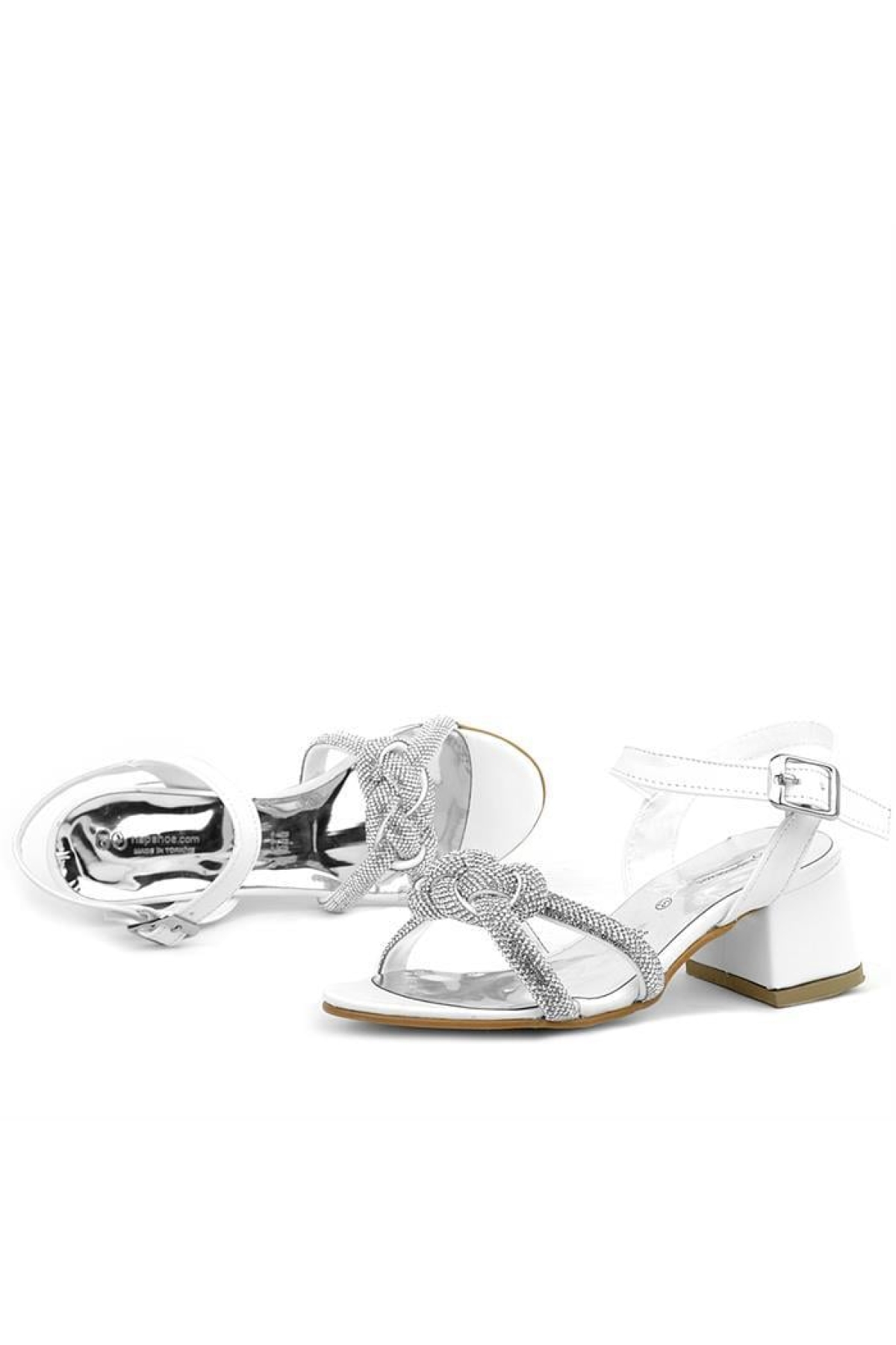 Beyaz Örgü Taşlı Kız Çocuk Abiye Kalın Topuklu Ayakkabı - Görsel 9