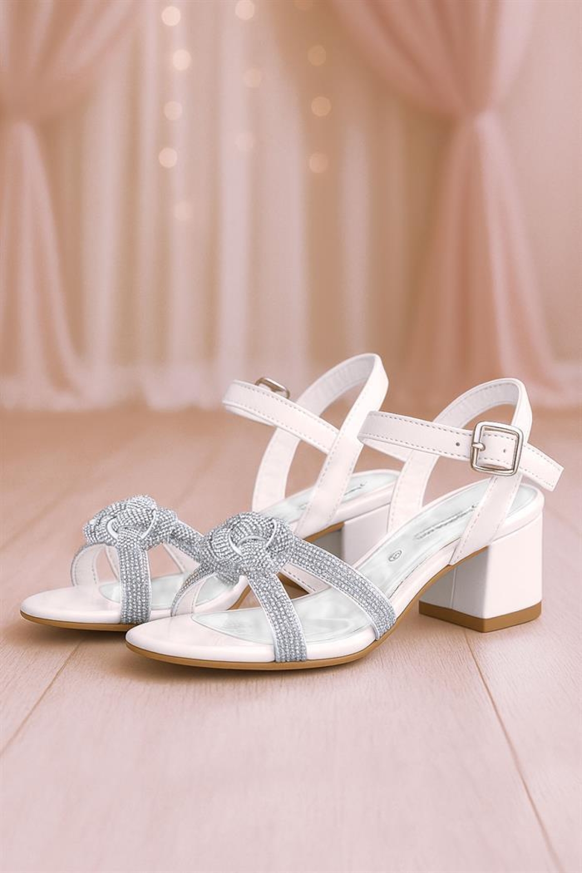 Sedef Örgü Taşlı Kız Çocuk Abiye Kalın Topuklu Ayakkabı - Görsel 3