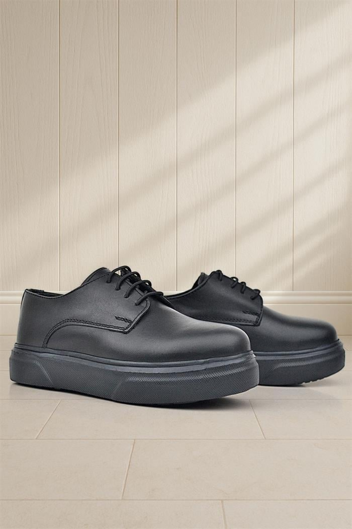 Derby Hakiki Deri Siyah Mat Yüksek Tabanlı Çocuk Klasik Ayakkabı - Görsel 2