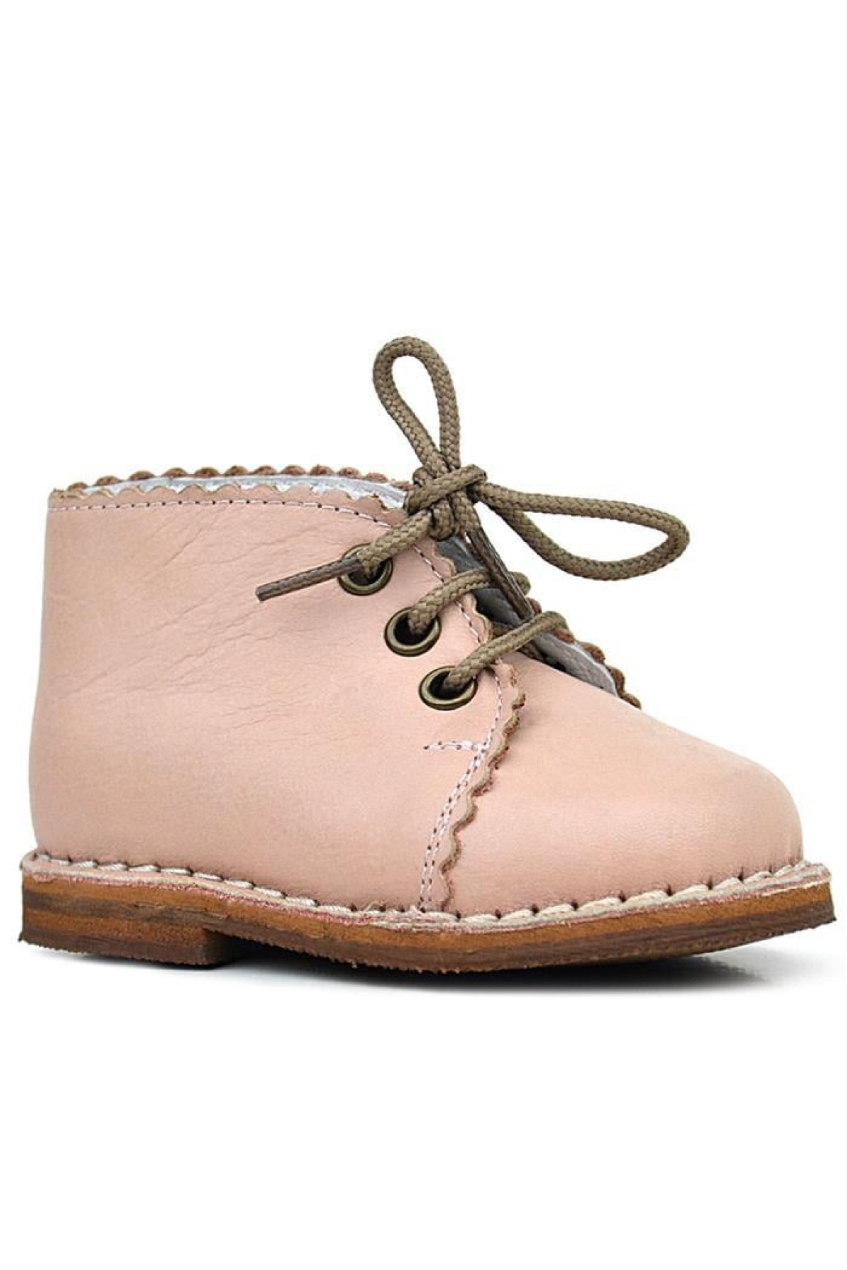 Handmade Hakiki Deri Pudra Pembe Bağcıklı Kız Bebek Bot - Görsel 2