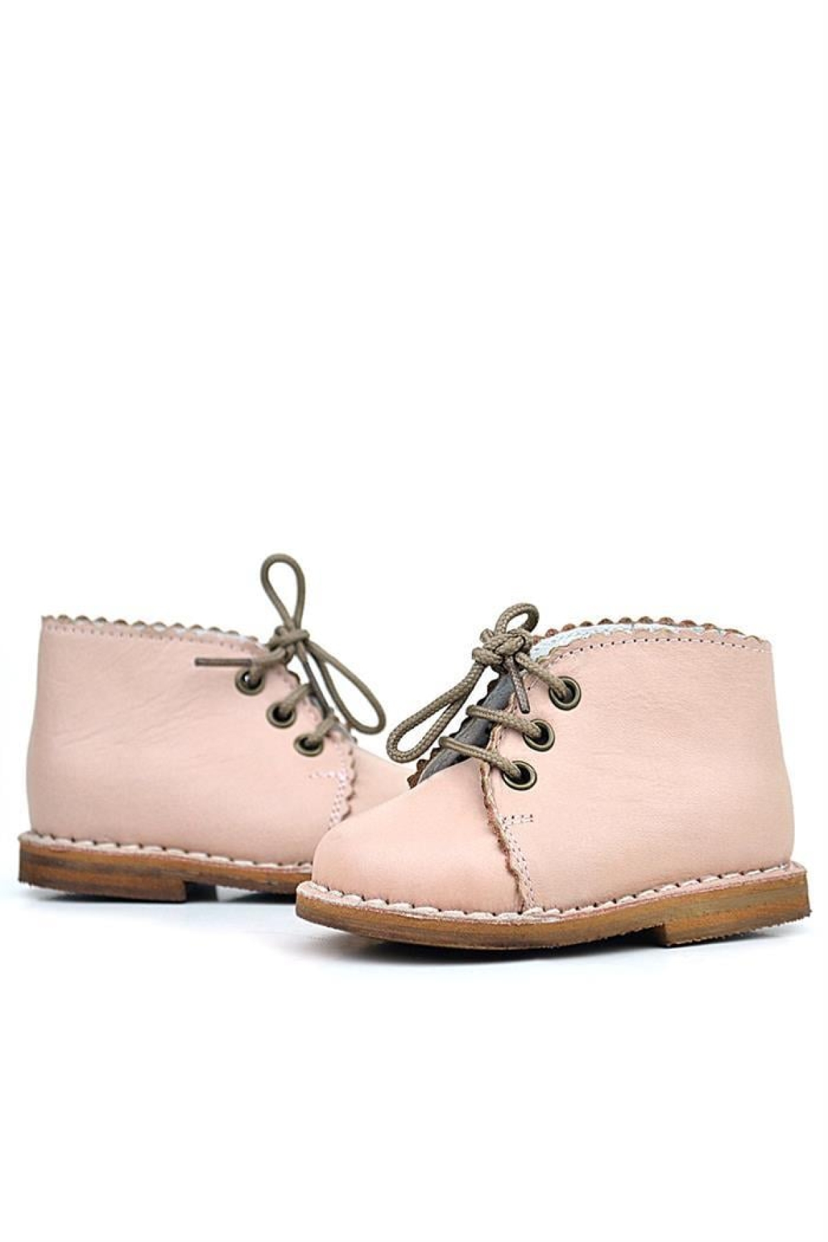 Handmade Hakiki Deri Pudra Pembe Bağcıklı Kız Bebek Bot - Görsel 6