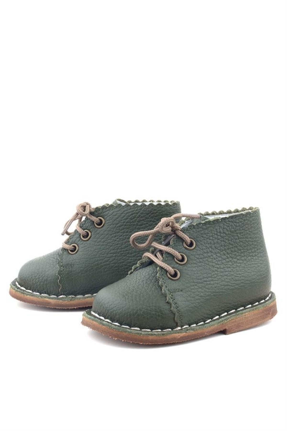 Handmade Hakiki Deri Haki Yeşil Bağcıklı Bebek Bot - Görsel 6