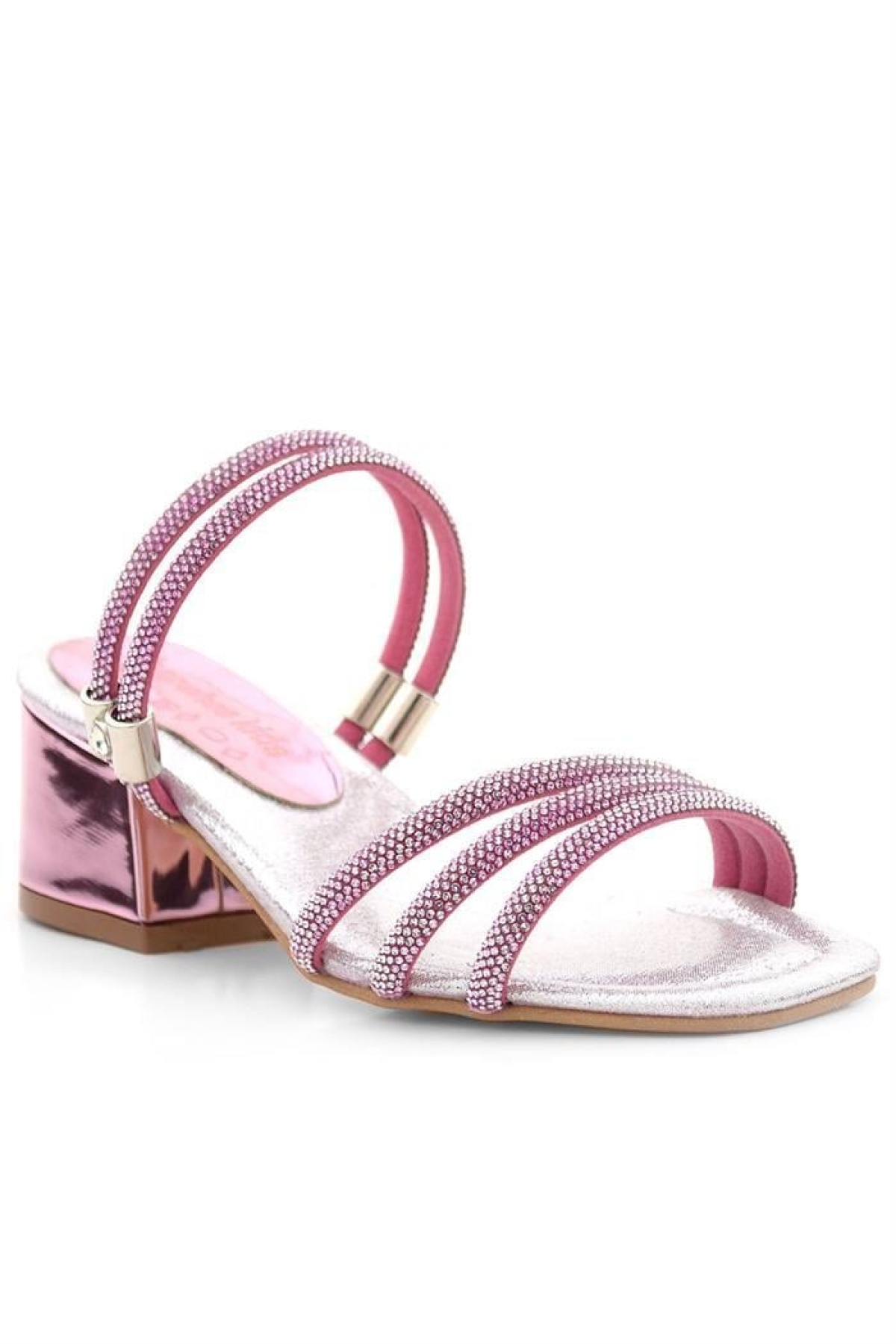 Judy Pembe Gümüş Taşlı Kız Çocuk Topuklu Terlik Ayakkabı - Görsel 2