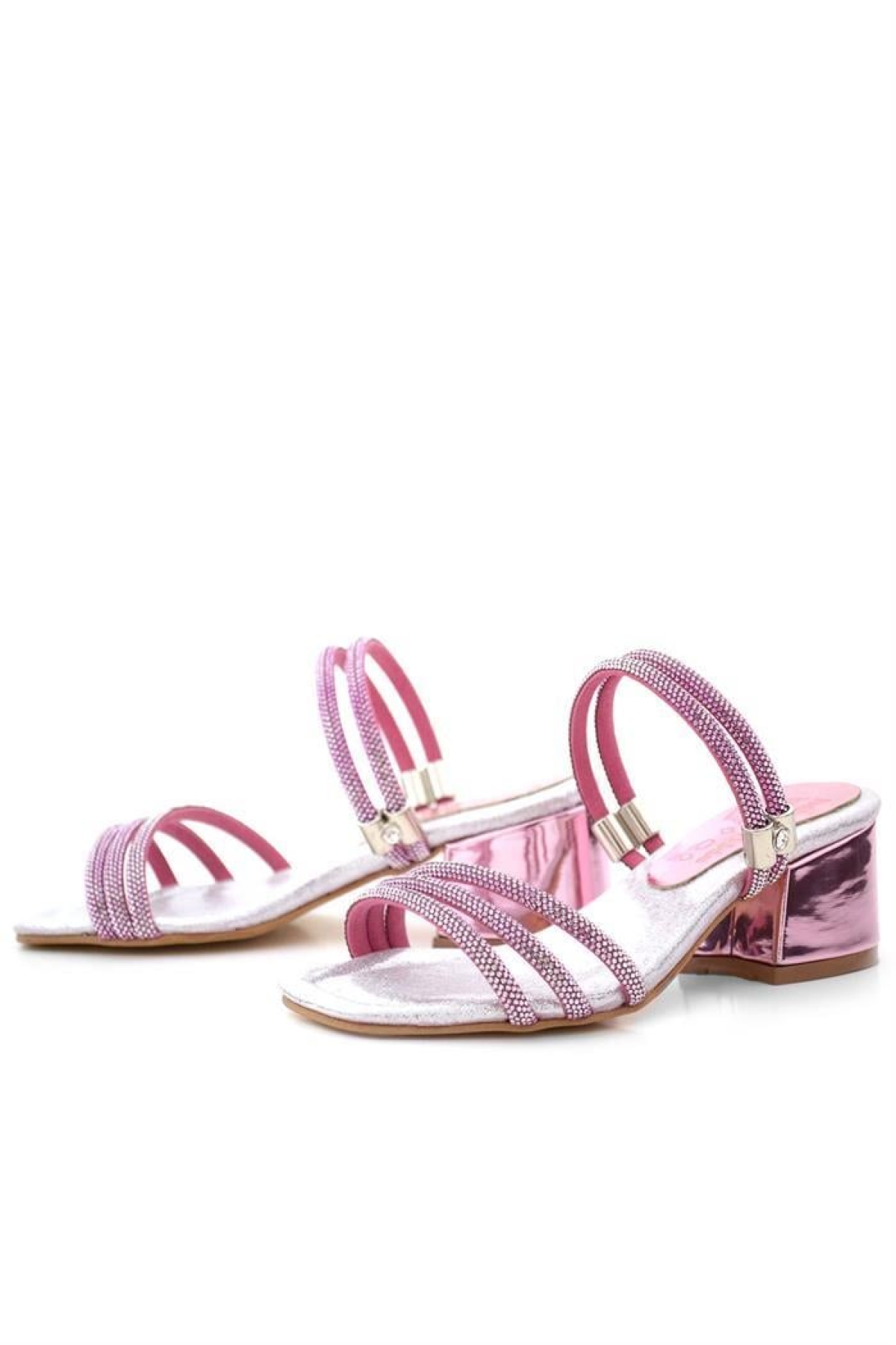 Judy Pembe Gümüş Taşlı Kız Çocuk Topuklu Terlik Ayakkabı - Görsel 7