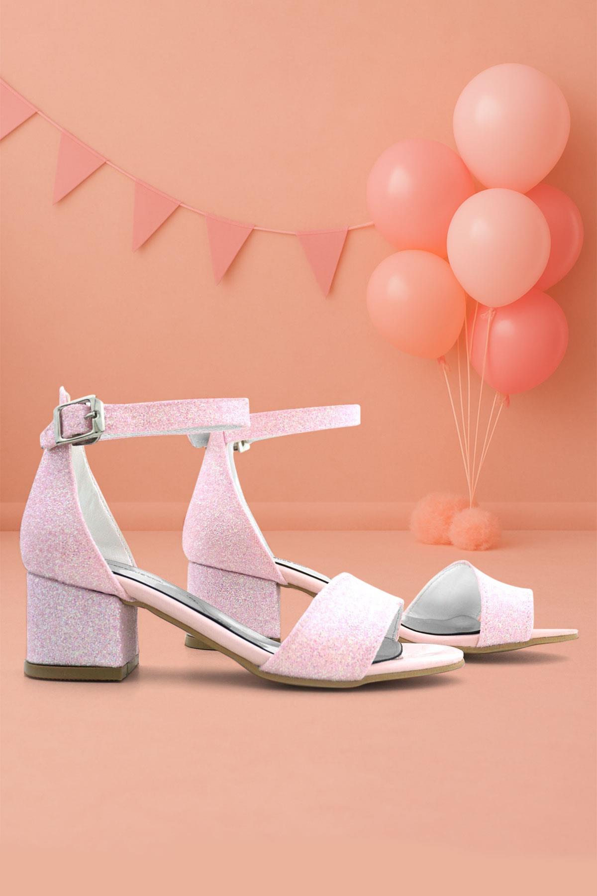 Lilo Simli Pembe Tek Bantlı Kız Çocuk Topuklu Abiye Ayakkabı - Görsel 2