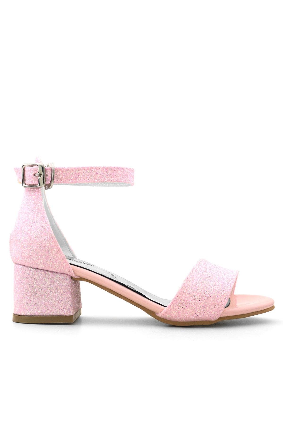 Lilo Simli Pembe Tek Bantlı Kız Çocuk Topuklu Abiye Ayakkabı - Görsel 4