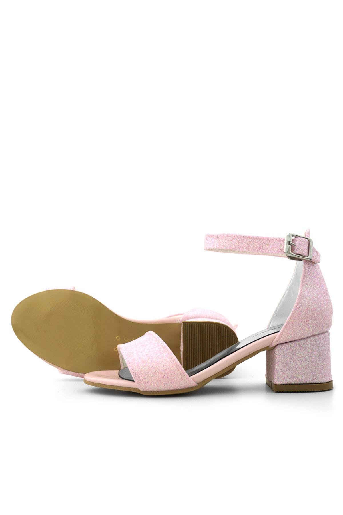 Lilo Simli Pembe Tek Bantlı Kız Çocuk Topuklu Abiye Ayakkabı - Görsel 8