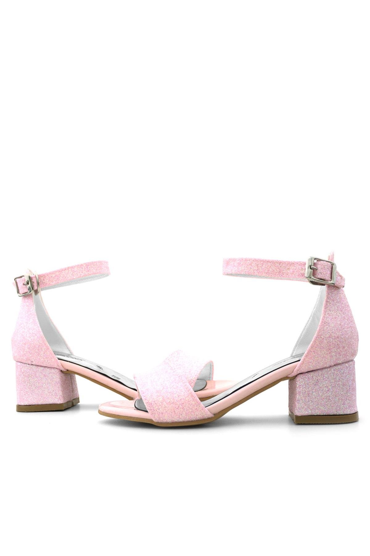 Lilo Simli Pembe Tek Bantlı Kız Çocuk Topuklu Abiye Ayakkabı - Görsel 9