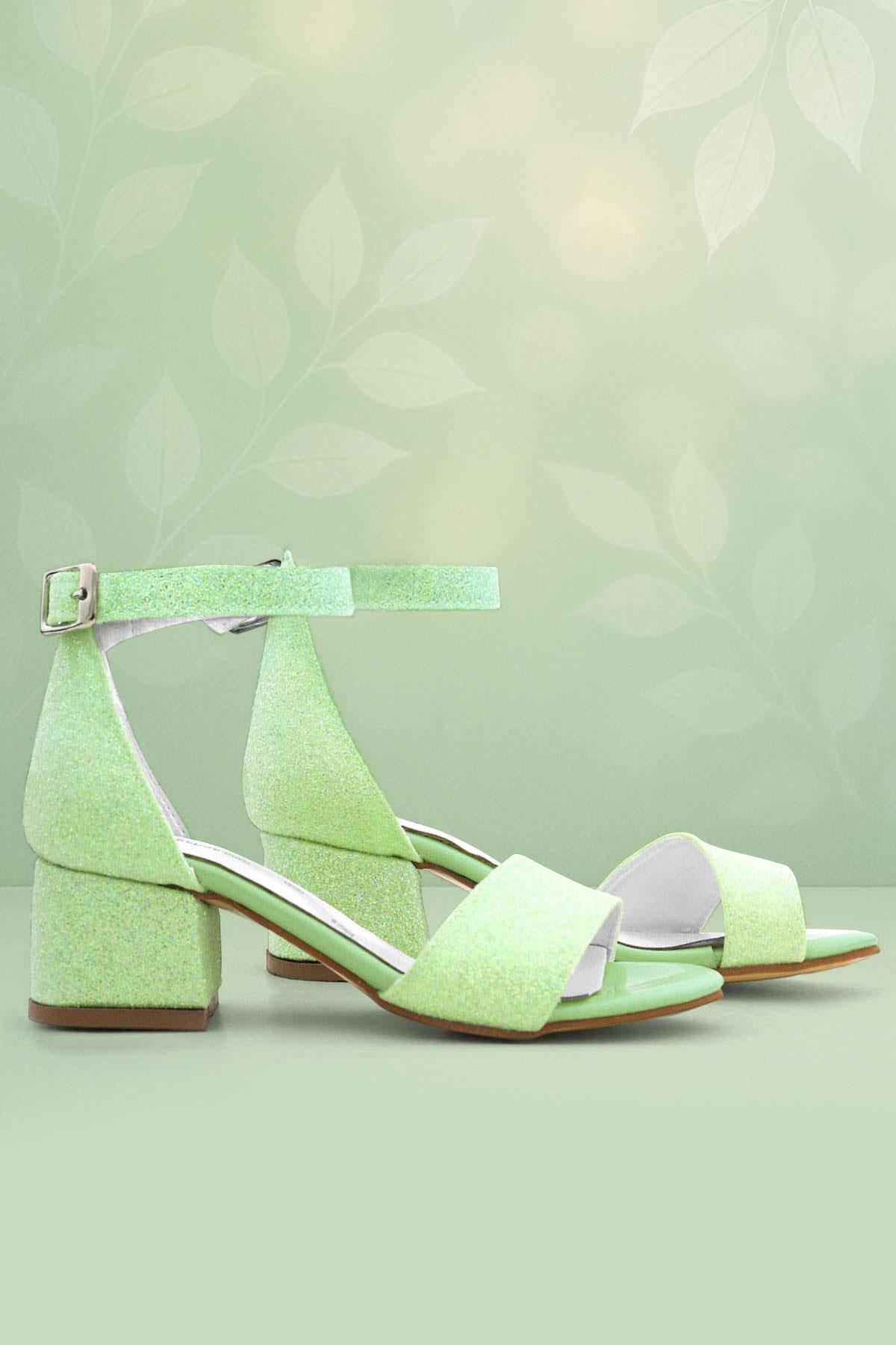 Lilo Simli Yeşil Tek Bantlı Kız Çocuk Topuklu Abiye Ayakkabı - Görsel 2