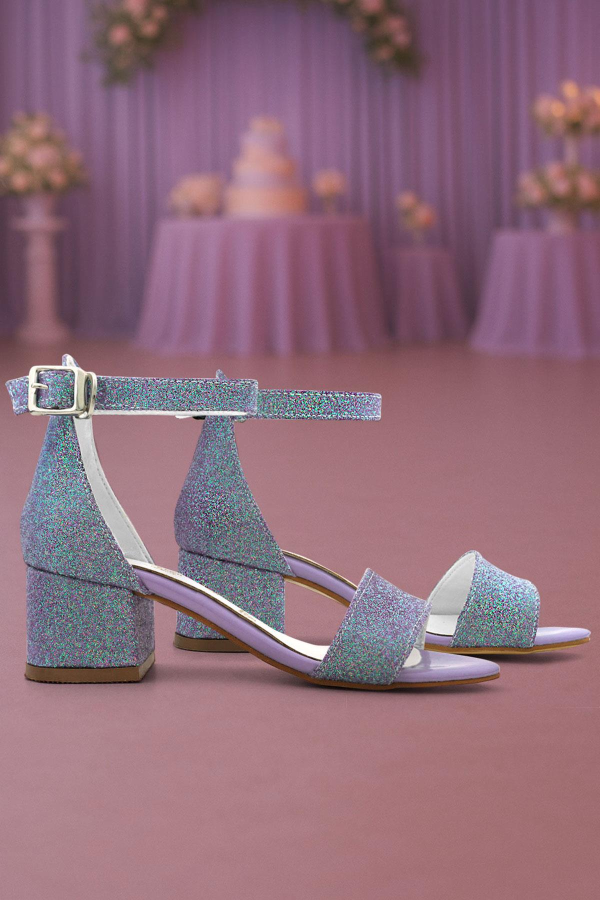 Lilo Simli Mor Tek Bantlı Kız Çocuk Topuklu Abiye Ayakkabı - Görsel 9