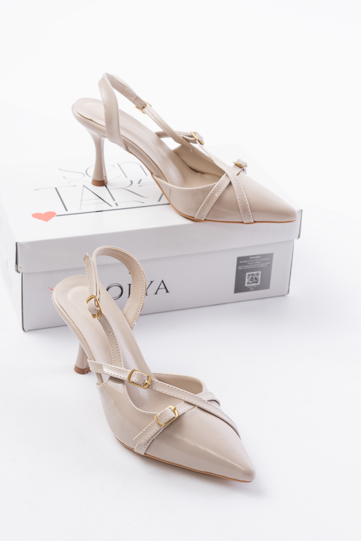 Pony Bej Rugan ( 8 CM TOPUKLU ) Sivri Burun Kapalı Tokalı Arkası Açık Stiletto Ayakkabı - Görsel 4