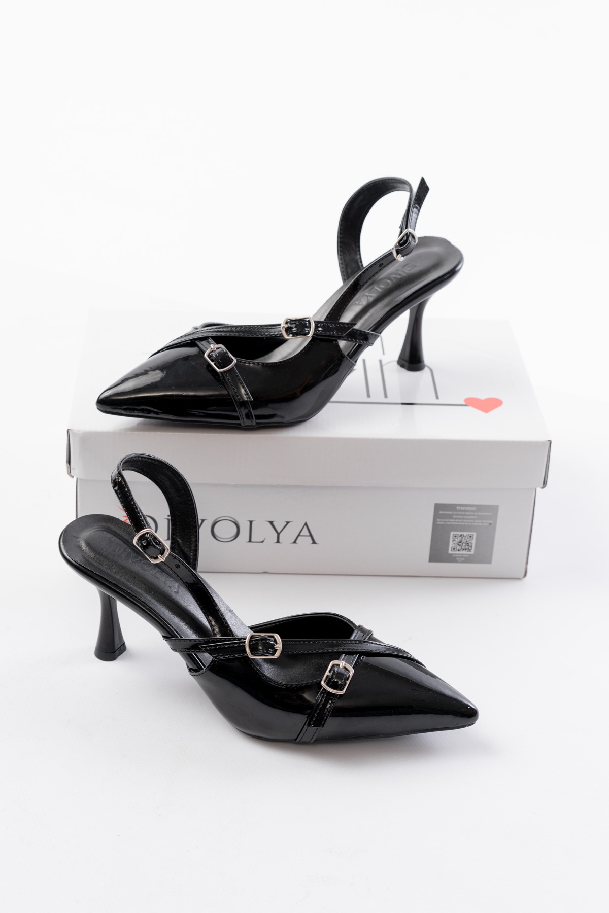 Pony Siyah Rugan ( 8 CM TOPUKLU ) Sivri Burun Kapalı Tokalı Arkası Açık Stiletto Ayakkabı - Görsel 4