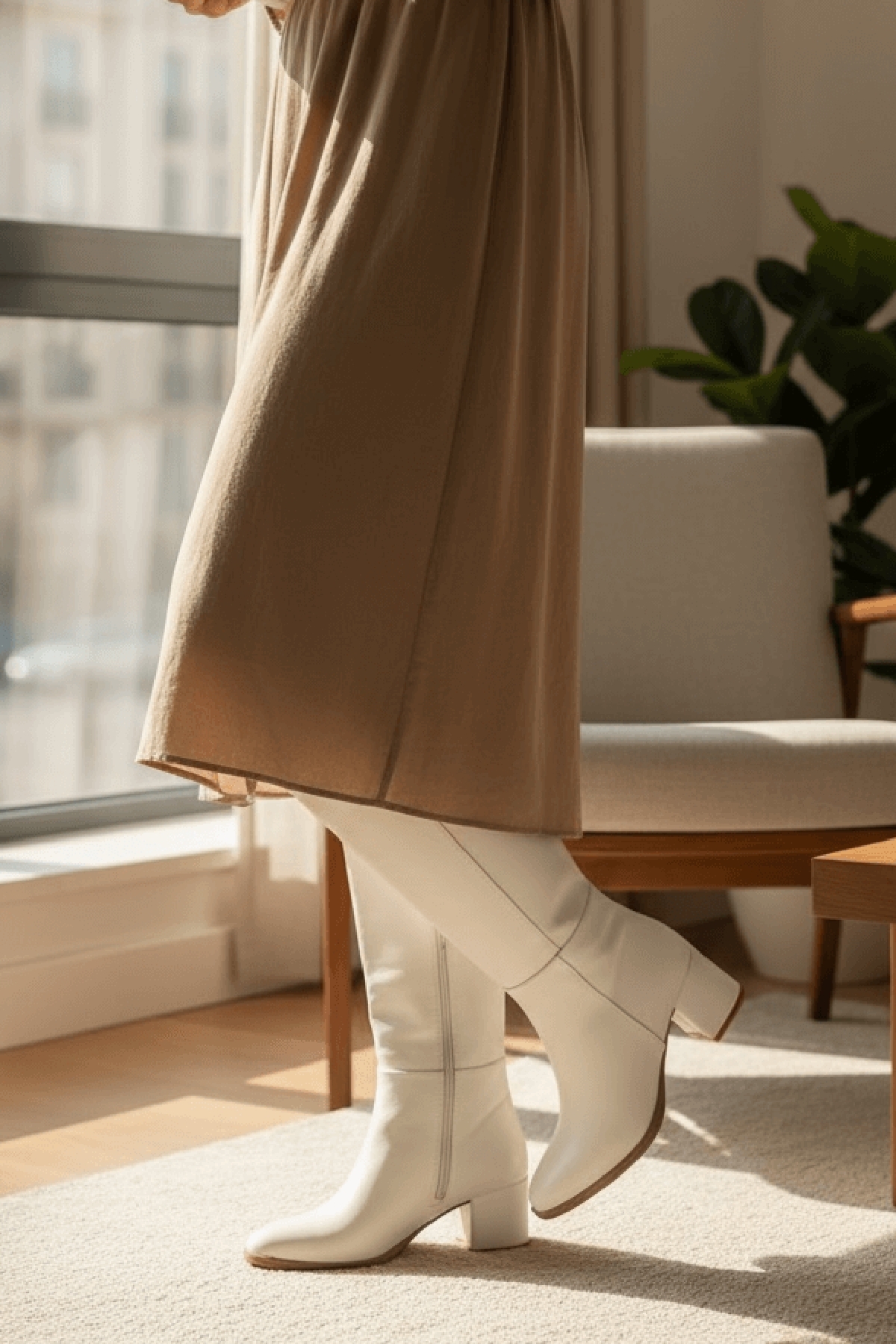 Despina Beyaz Deri Topuklu (5 cm Topuklu ) Yanı Fermuarlı Günlük Kullanım Çizme - Görsel 6
