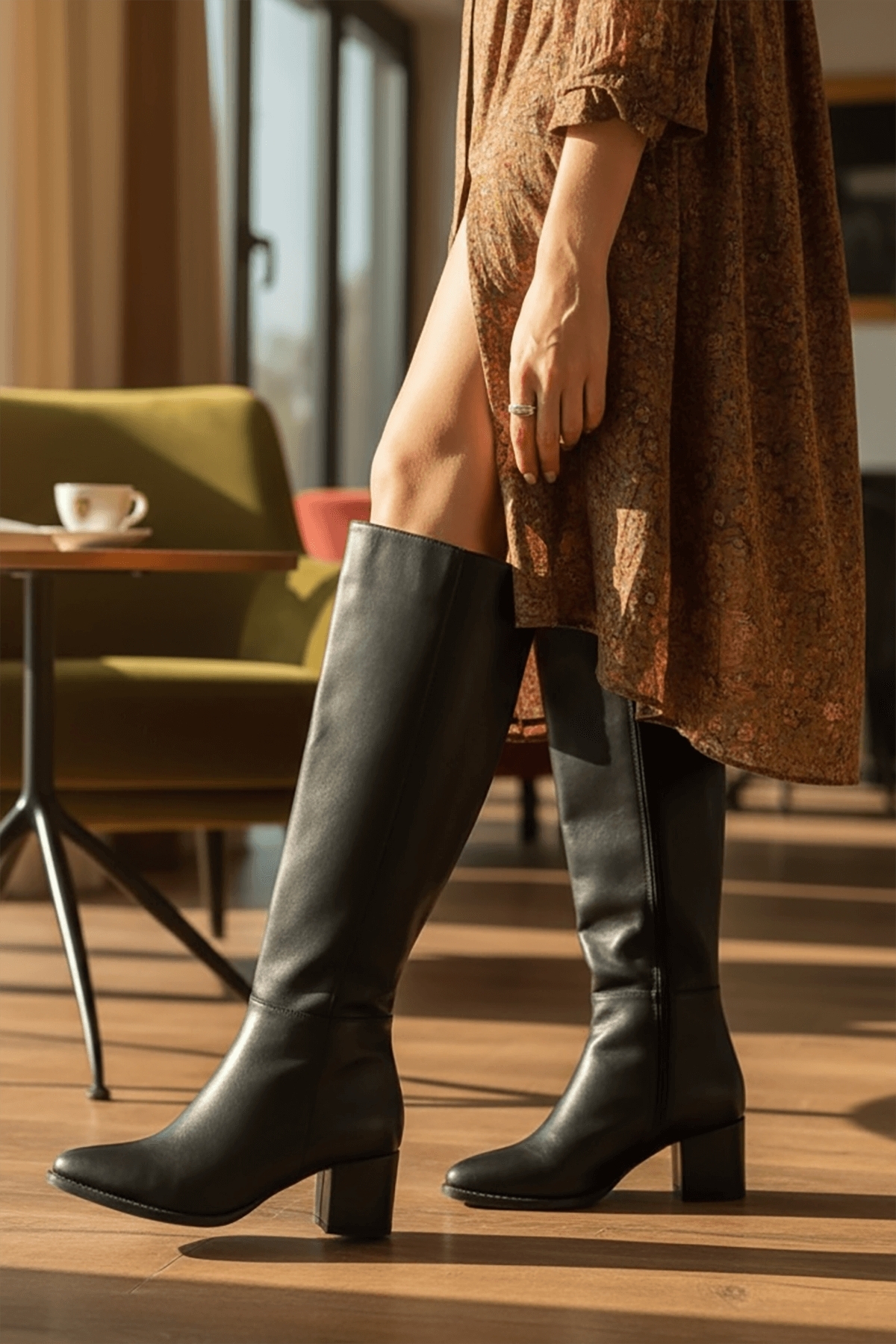 Despina Siyah Deri Topuklu (5 cm Topuklu ) Yanı Fermuarlı Günlük Kullanım Çizme - Görsel 5