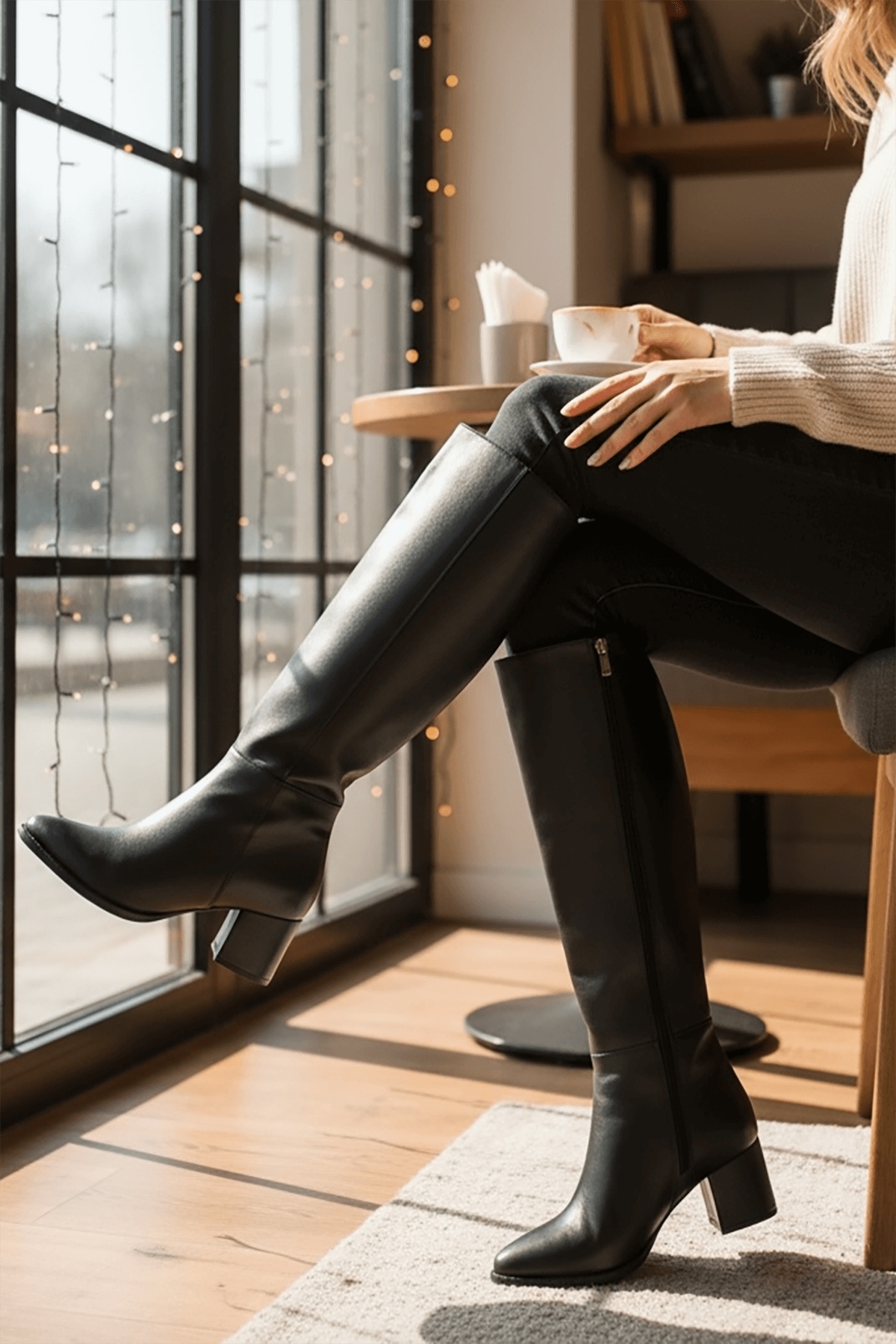 Despina Siyah Deri Topuklu (5 cm Topuklu ) Yanı Fermuarlı Günlük Kullanım Çizme - Görsel 6