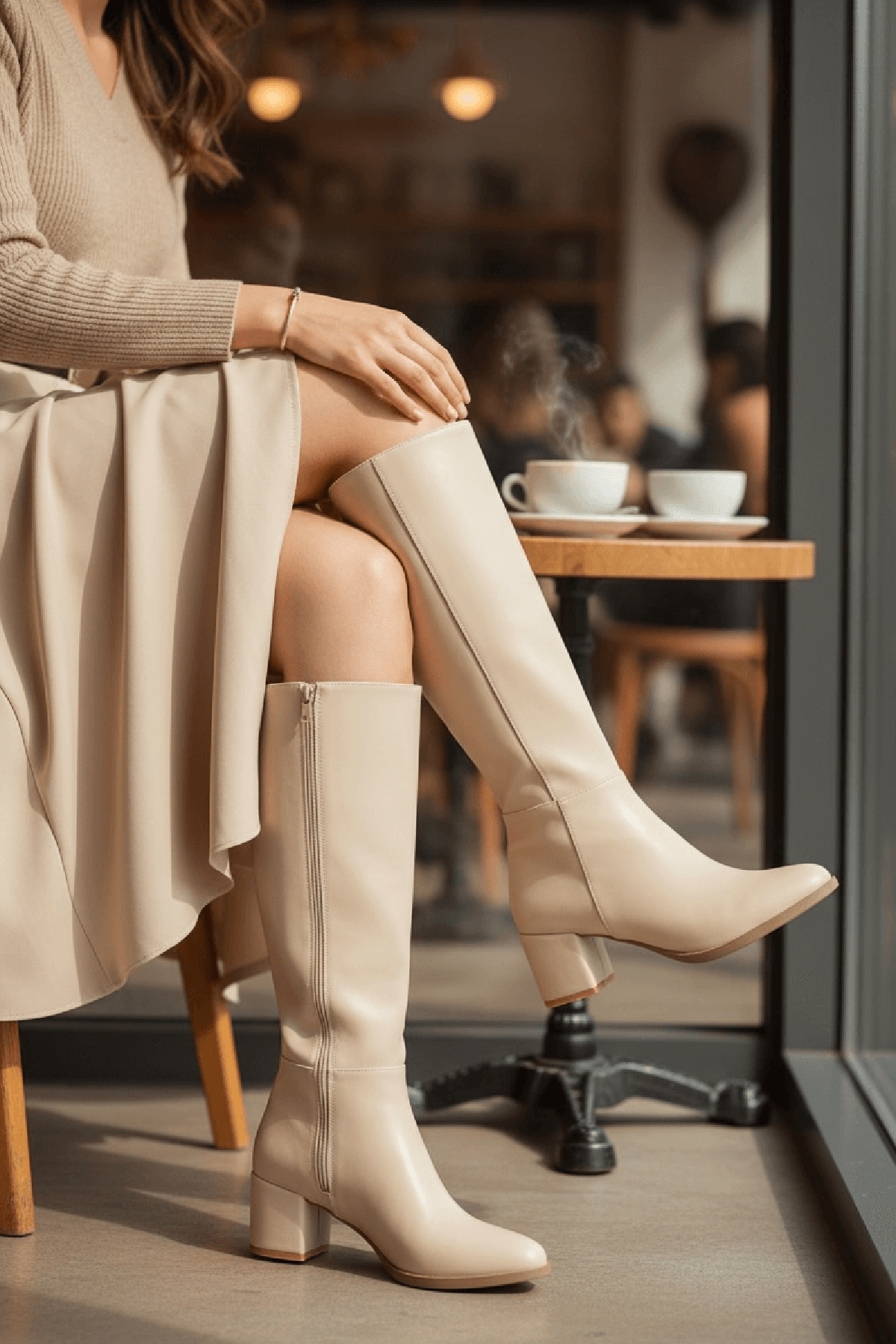 Despina Bej Deri Topuklu (5 cm Topuklu ) Yanı Fermuarlı Günlük Kullanım Çizme - Görsel 2