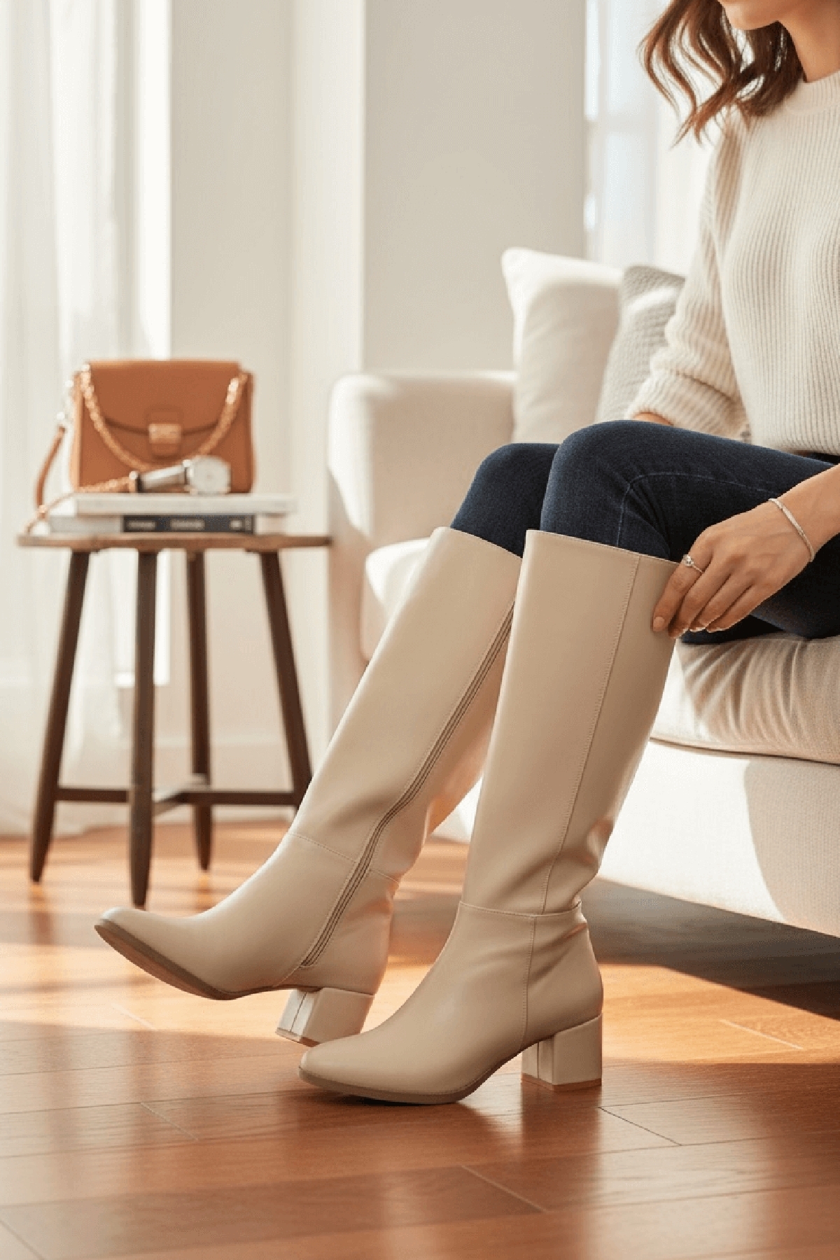 Despina Bej Deri Topuklu (5 cm Topuklu ) Yanı Fermuarlı Günlük Kullanım Çizme - Görsel 7
