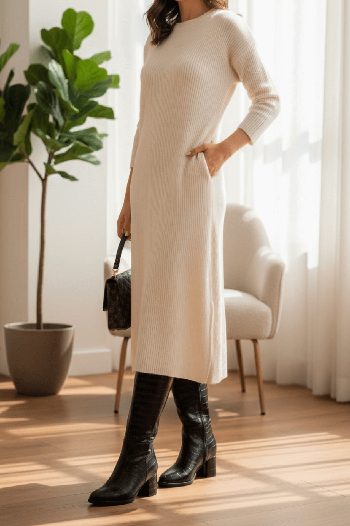 Despina Siyah Krokodil Deri Topuklu (5 cm Topuklu ) Yanı Fermuarlı Günlük Kullanım Çizme - Görsel 3