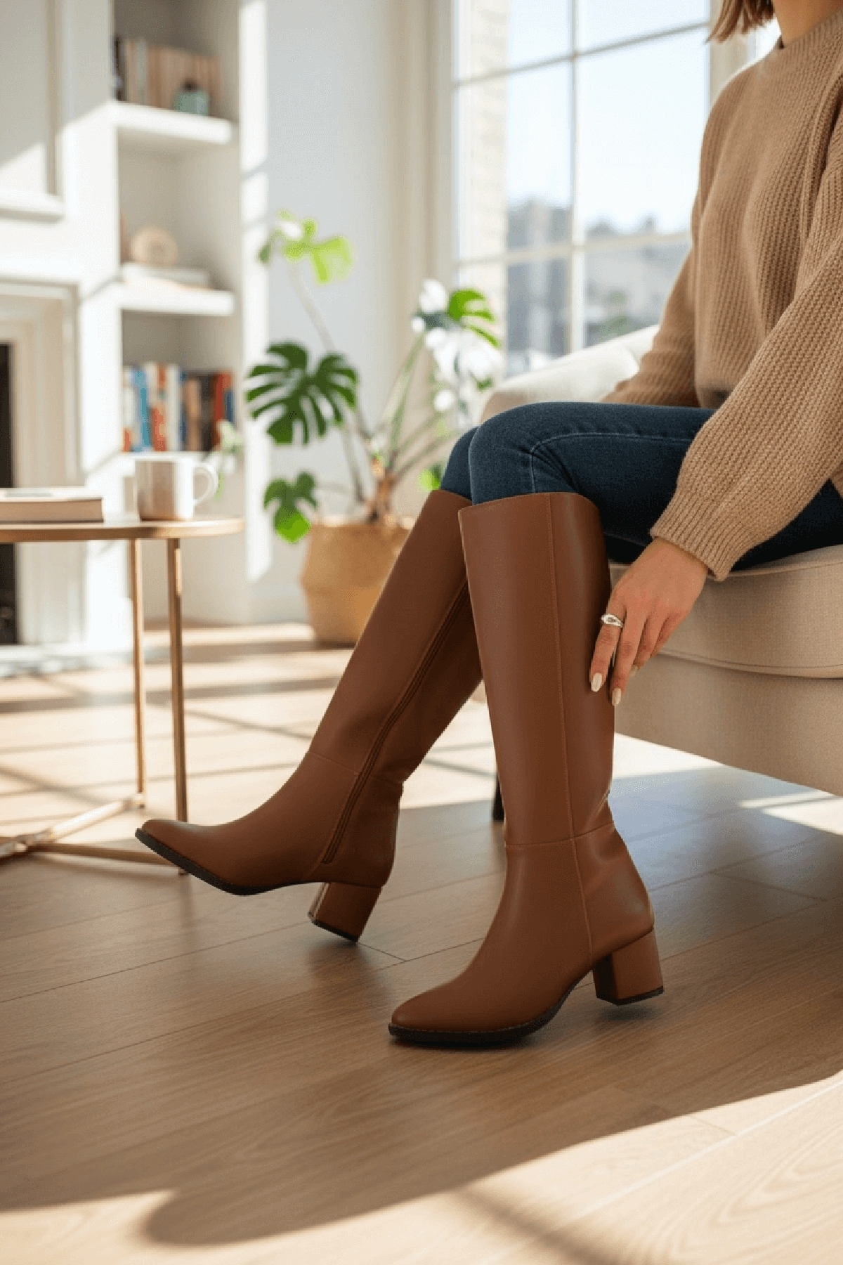 Despina Taba Deri Topuklu (5 cm Topuklu ) Yanı Fermuarlı Günlük Kullanım Çizme - Görsel 7