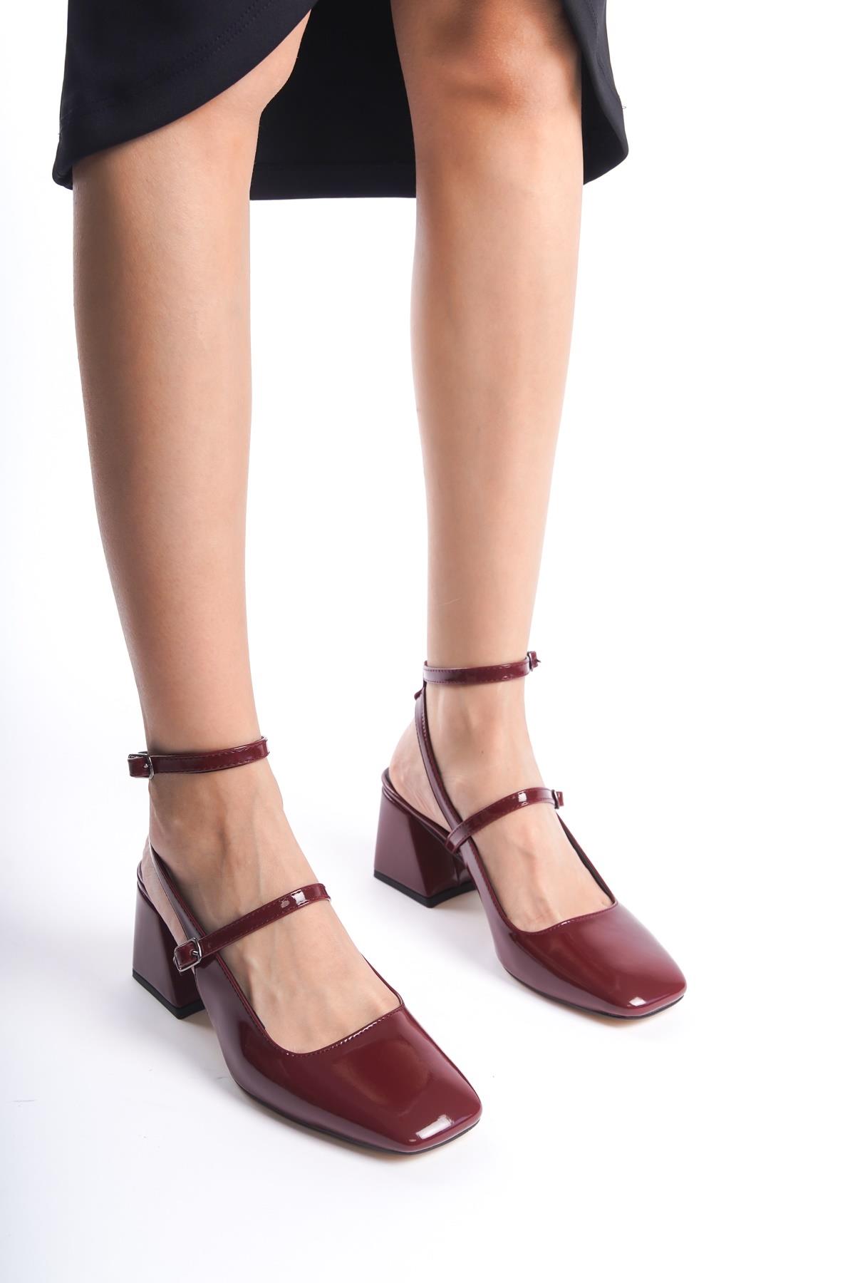 Mulia Bordo Rugan Mary Jane Kalın Topuklu Bilekten Bantlı Ayakkabı - Görsel 3