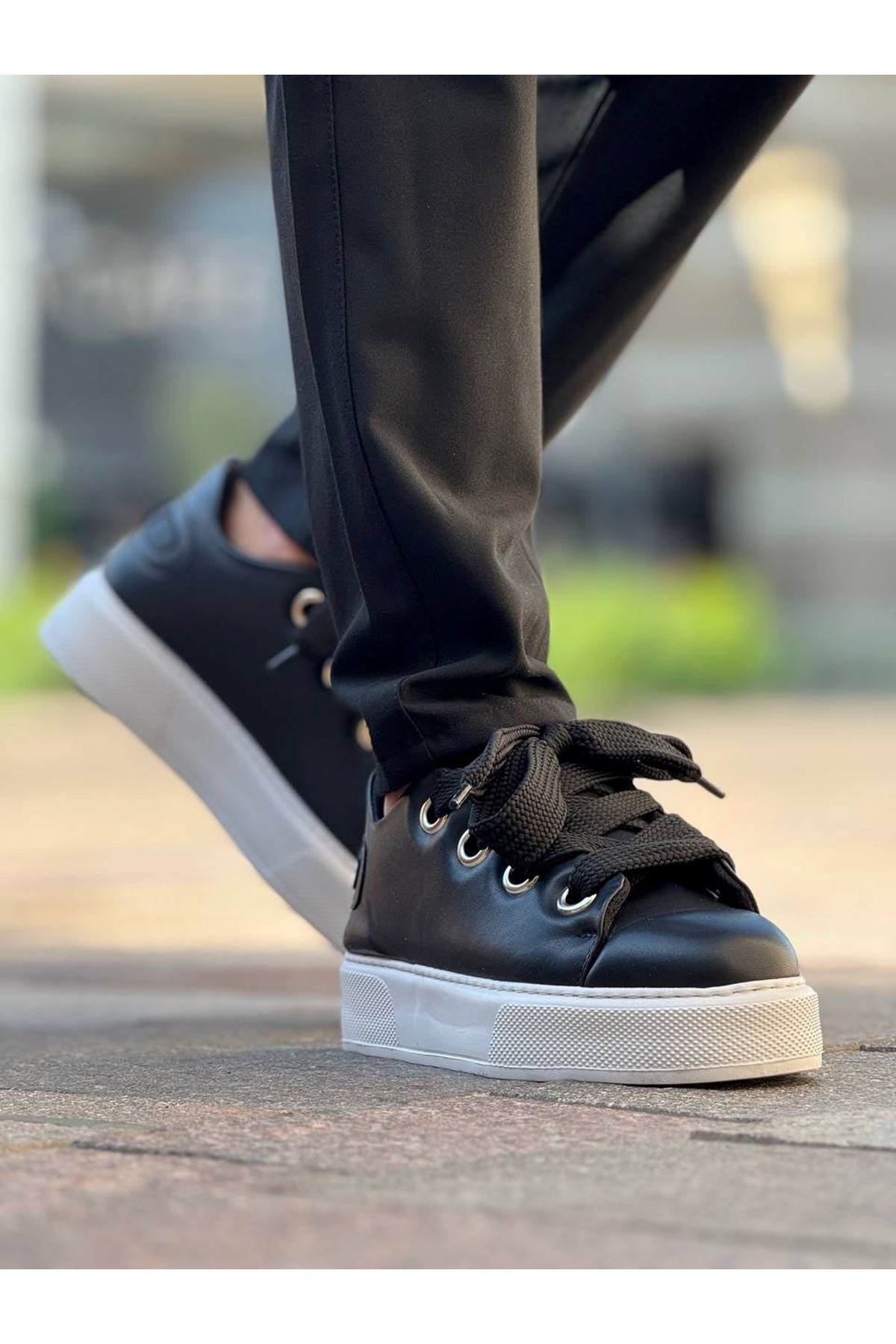 Bağcıklı Erkek Günlük Ayakkabı Siyah (Beyaz Taban) - Görsel 3