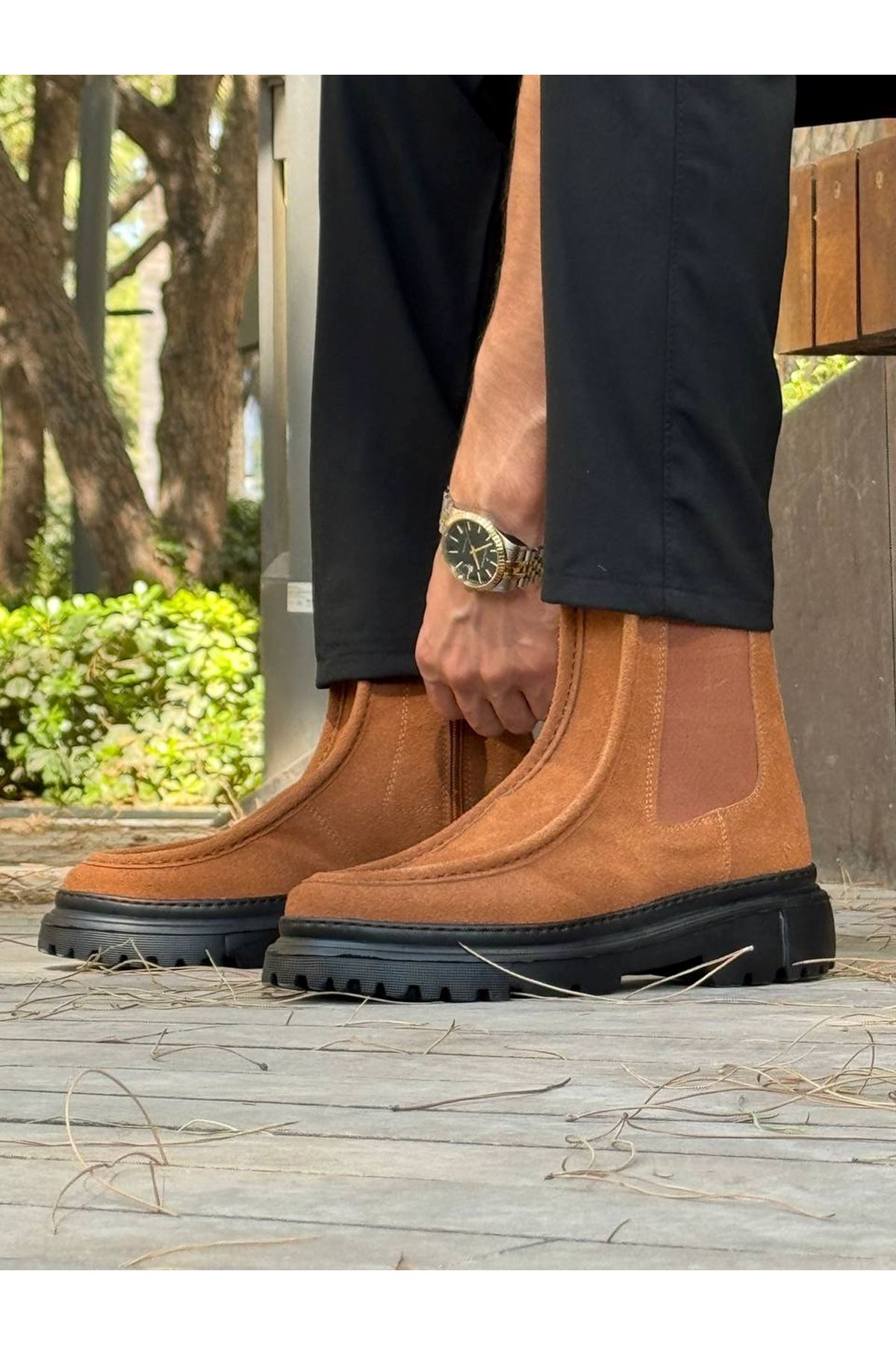 Fermuarlı Erkek Düz Bot Taba Süet - Görsel 4