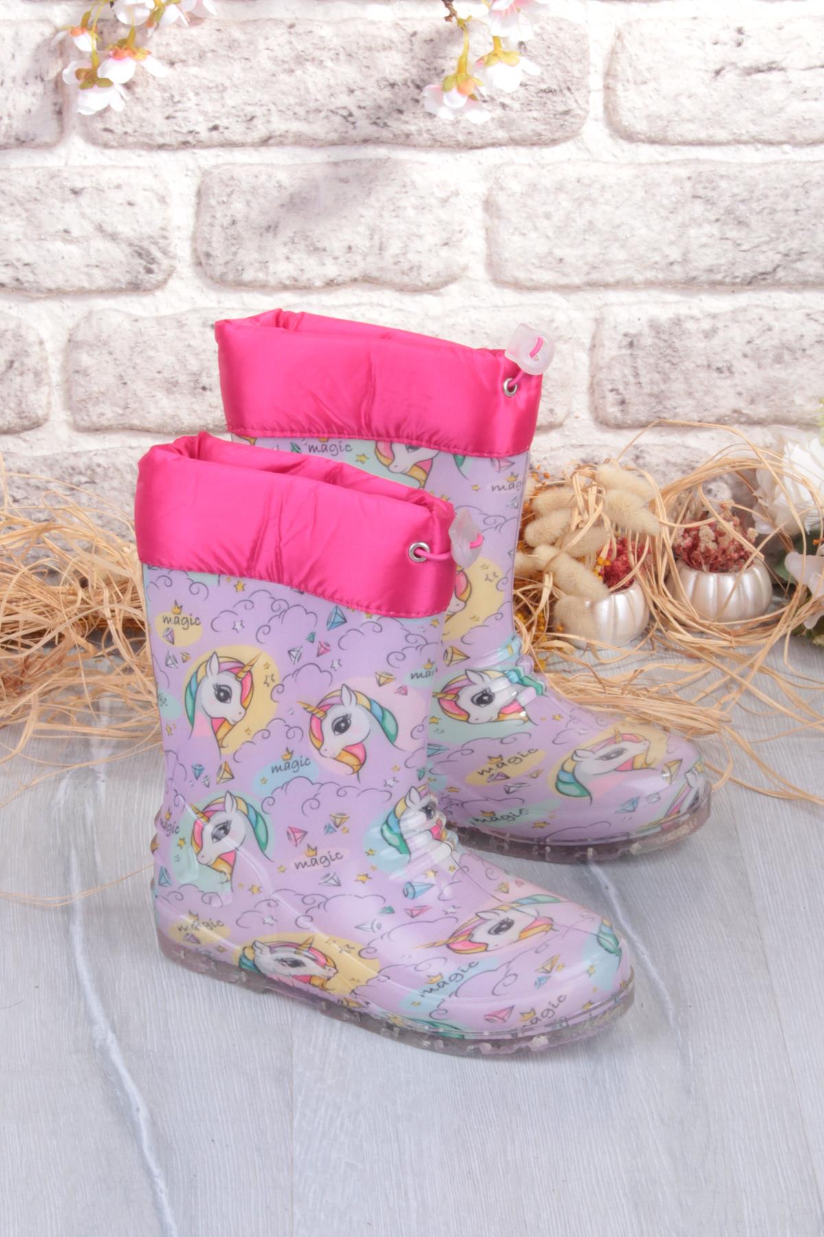 7061 Pembe Uniko Figürlü İçi Peluşlu Su Geçirmez Kız Çocuk Kar Yağmur Çizmesi - Görsel 2