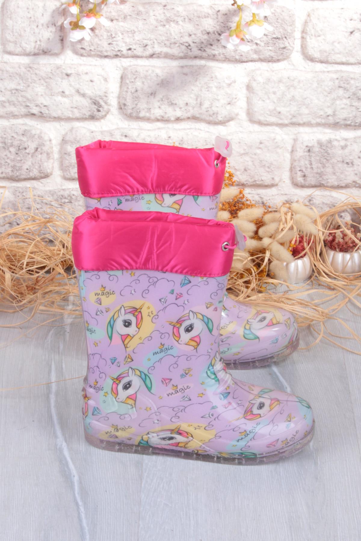 7061 Pembe Uniko Figürlü İçi Peluşlu Su Geçirmez Kız Çocuk Kar Yağmur Çizmesi - Görsel 3