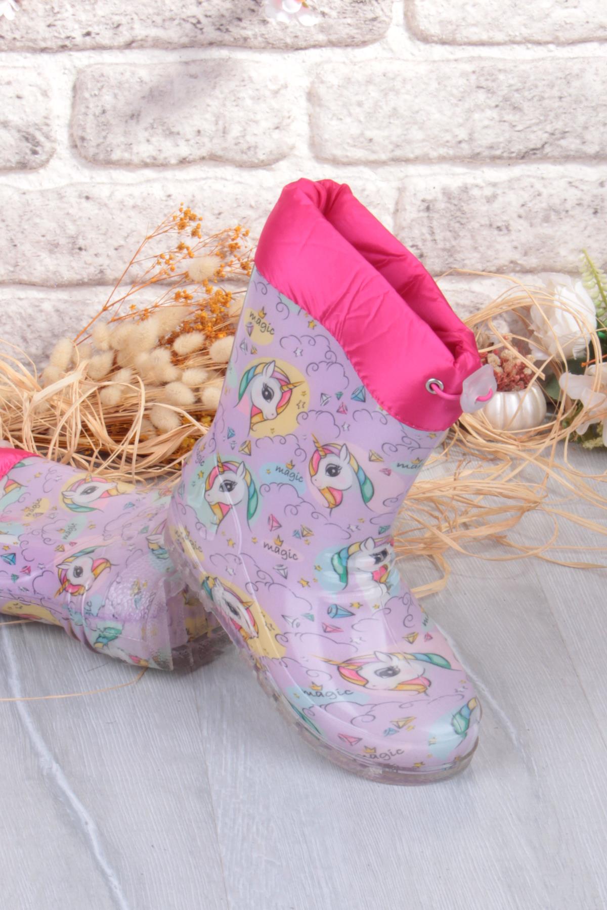 7061 Pembe Uniko Figürlü İçi Peluşlu Su Geçirmez Kız Çocuk Kar Yağmur Çizmesi - Görsel 6