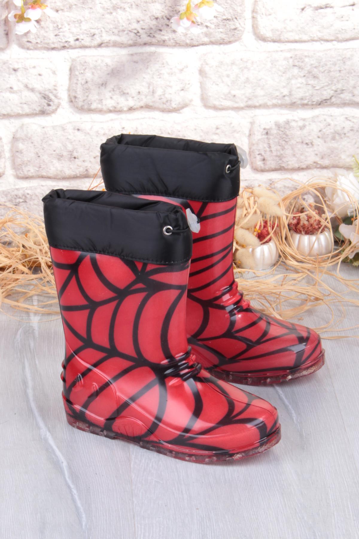 7061 Kırmızı Desenli İçi Peluşlu Su Geçirmez Erkek Çocuk Kar Yağmur Çizmesi - Görsel 2