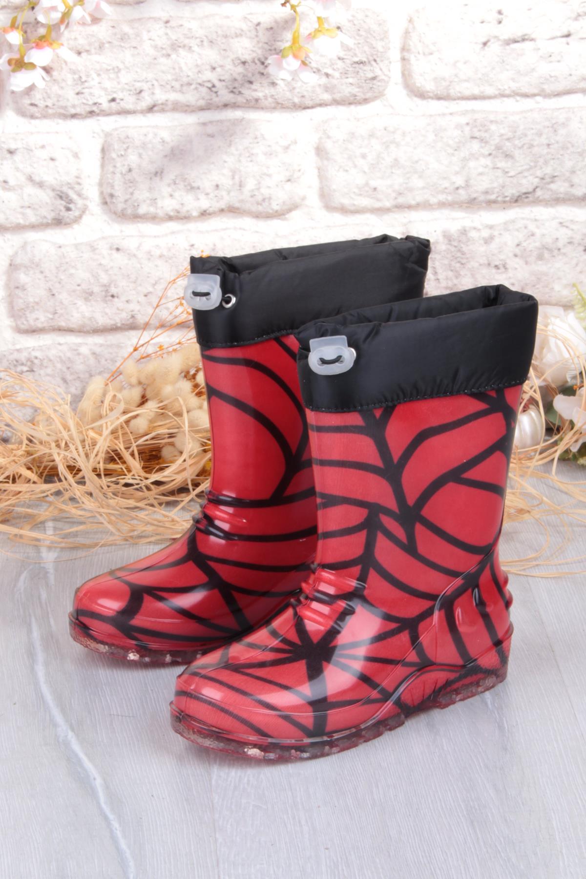 7061 Kırmızı Desenli İçi Peluşlu Su Geçirmez Erkek Çocuk Kar Yağmur Çizmesi - Görsel 4