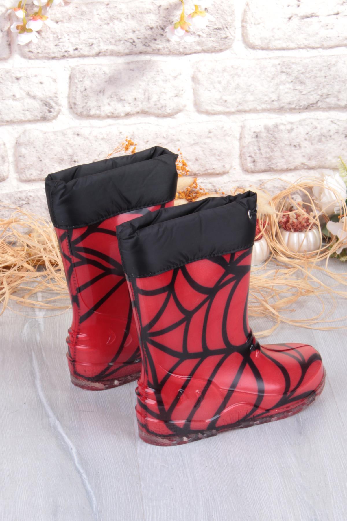 7061 Kırmızı Desenli İçi Peluşlu Su Geçirmez Erkek Çocuk Kar Yağmur Çizmesi - Görsel 5