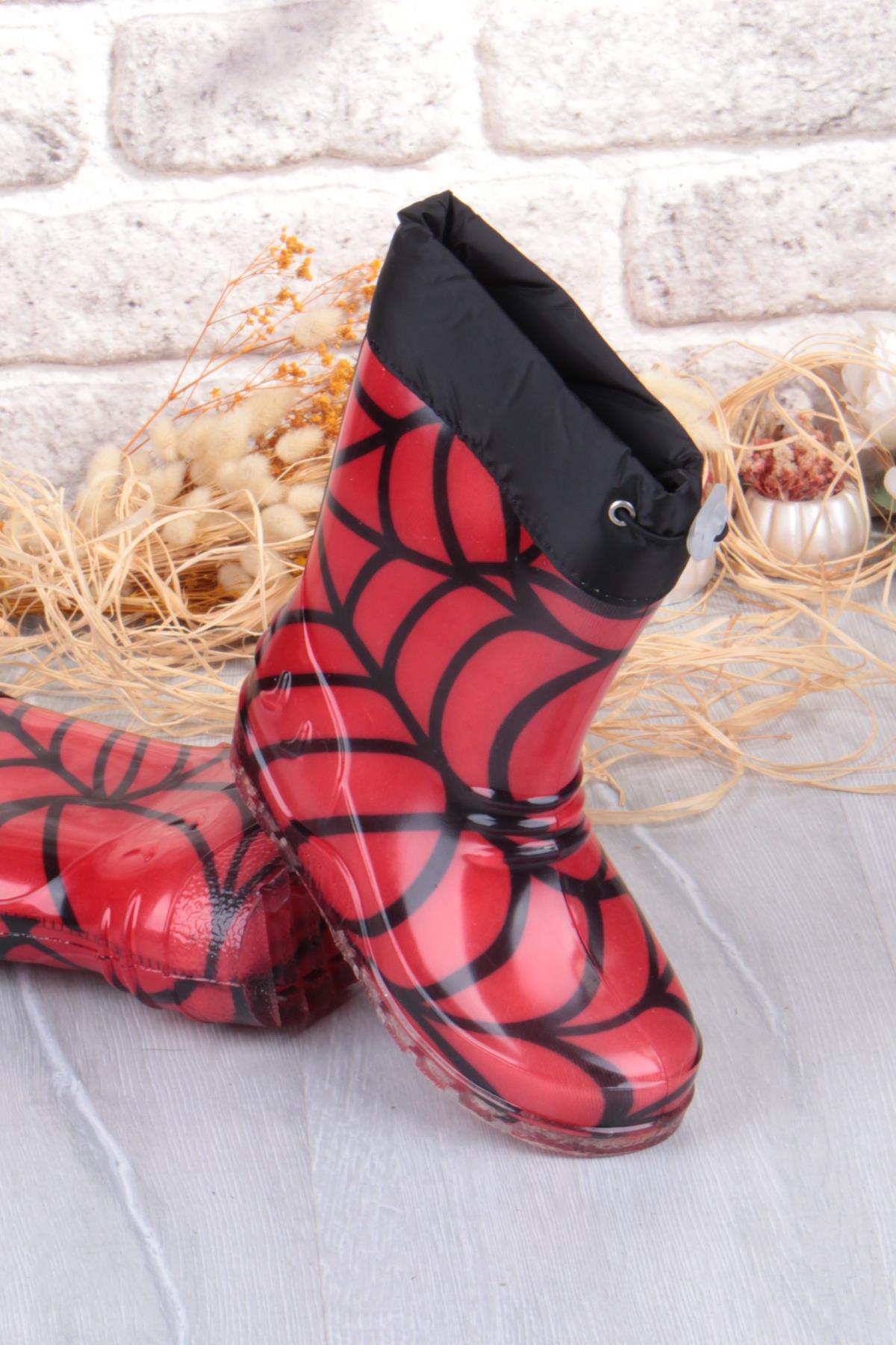 7061 Kırmızı Desenli İçi Peluşlu Su Geçirmez Erkek Çocuk Kar Yağmur Çizmesi - Görsel 6