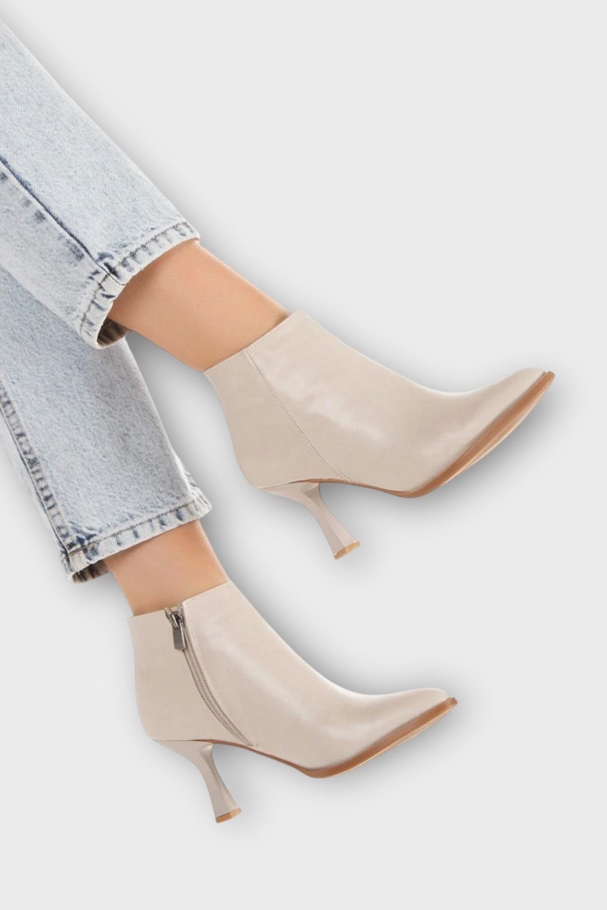 Topuklu Fermuarlı Kadın Bot (8 Cm) BEJ - Görsel 3
