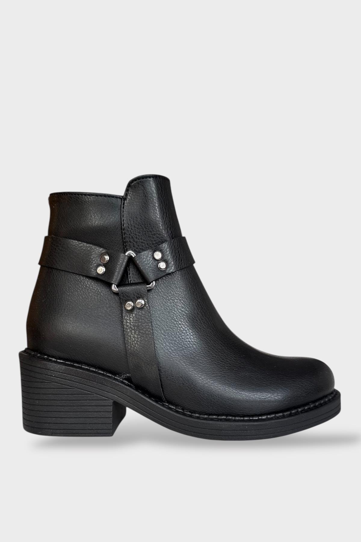 Kadın Toka Detaylı Fermuarlı Kalın Topuk Bot SİYAH - Görsel 2