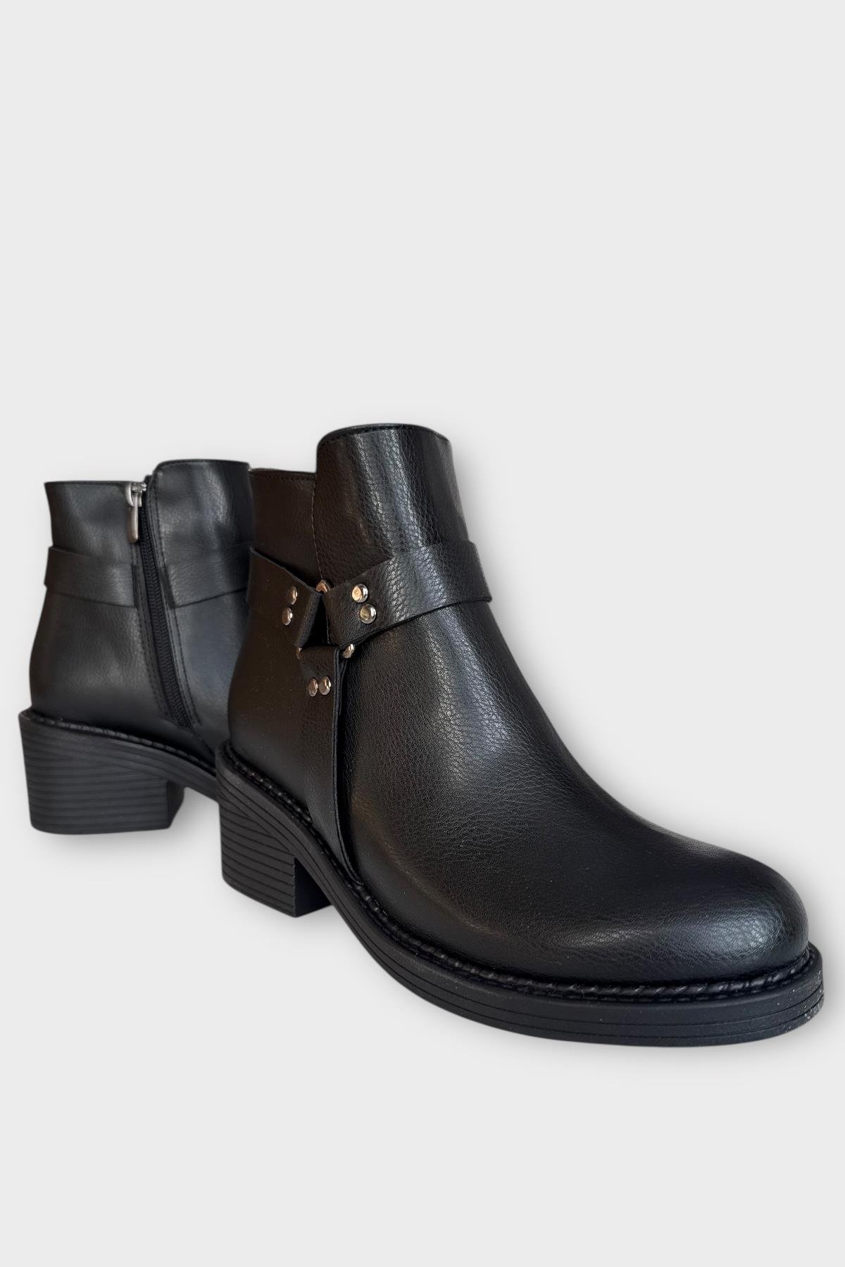 Kadın Toka Detaylı Fermuarlı Kalın Topuk Bot SİYAH - Görsel 3